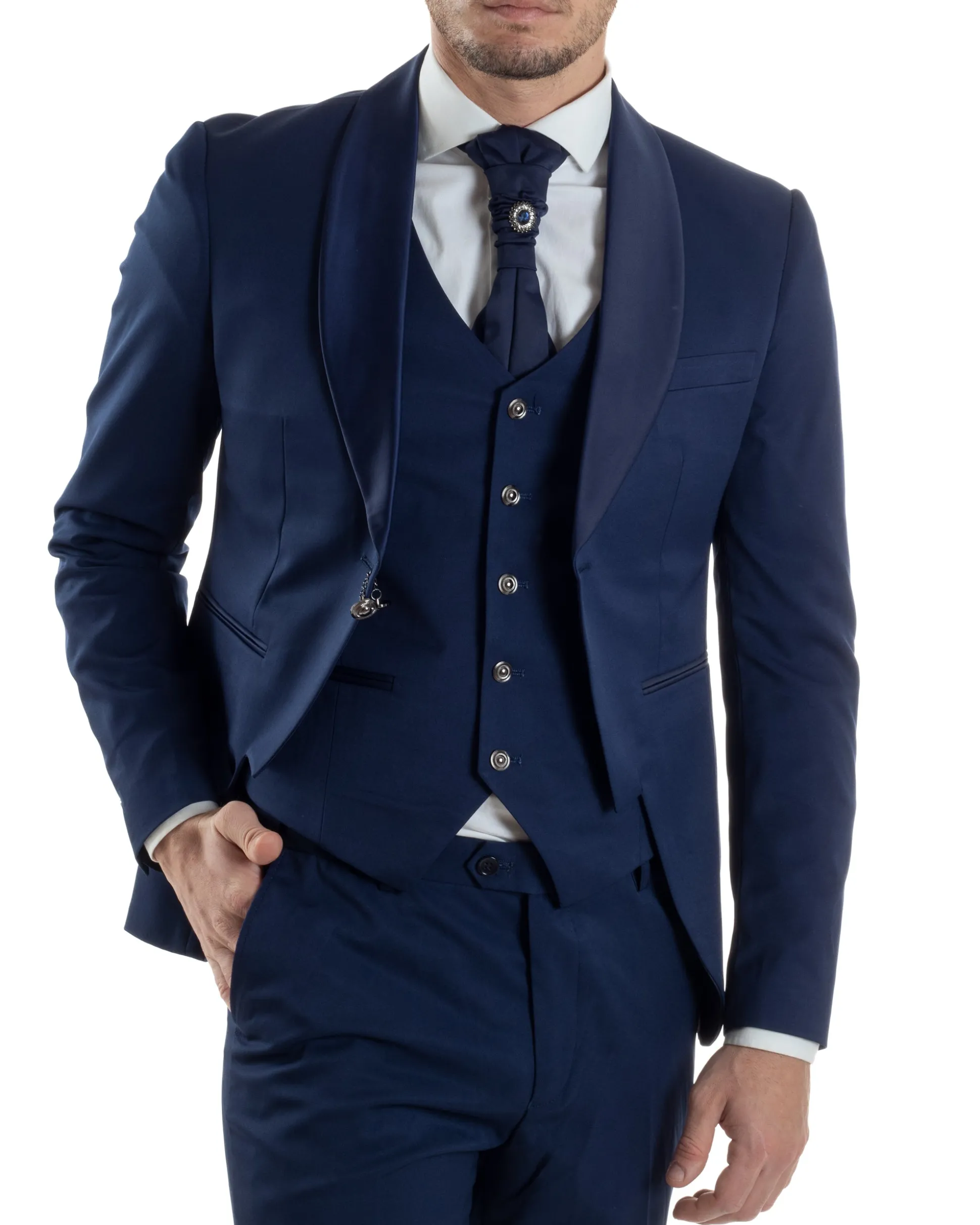Abito Uomo Monopetto Cerimonia Rever Raso Lucido Vestito 3 Pezzi Panciotto Completo Sposo Panciotto Plastron Blu AE1144A