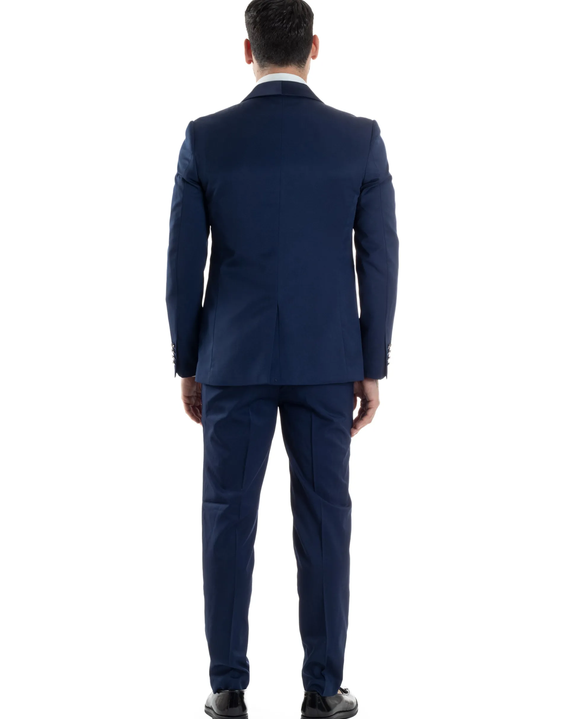 Abito Uomo Monopetto Cerimonia Rever Raso Lucido Vestito 3 Pezzi Panciotto Completo Sposo Panciotto Plastron Blu AE1144A