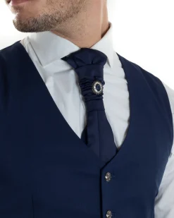 Abito Uomo Monopetto Cerimonia Rever Raso Lucido Vestito 3 Pezzi Panciotto Completo Sposo Panciotto Plastron Blu AE1144A