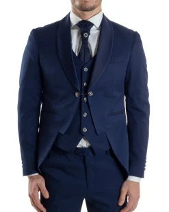 Abito Uomo Monopetto Cerimonia Rever Raso Lucido Vestito 3 Pezzi Panciotto Completo Sposo Panciotto Plastron Blu AE1144A