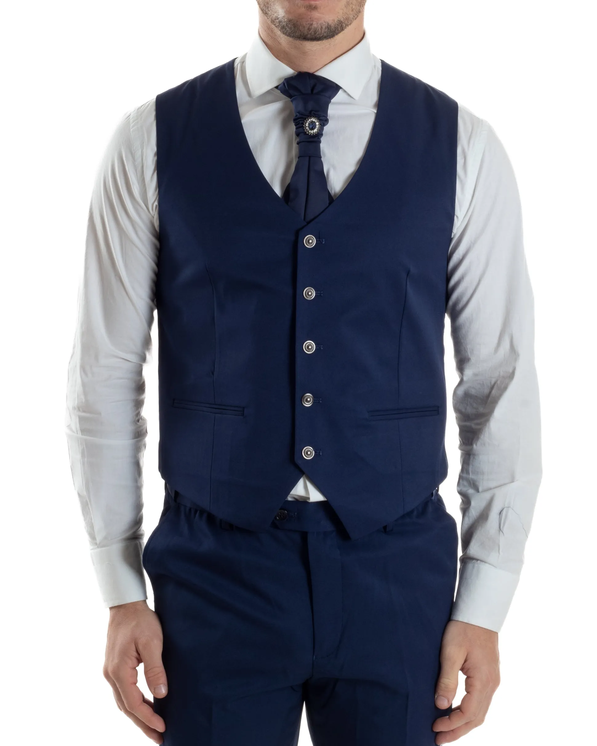 Abito Uomo Monopetto Cerimonia Rever Raso Lucido Vestito 3 Pezzi Panciotto Completo Sposo Panciotto Plastron Blu AE1144A