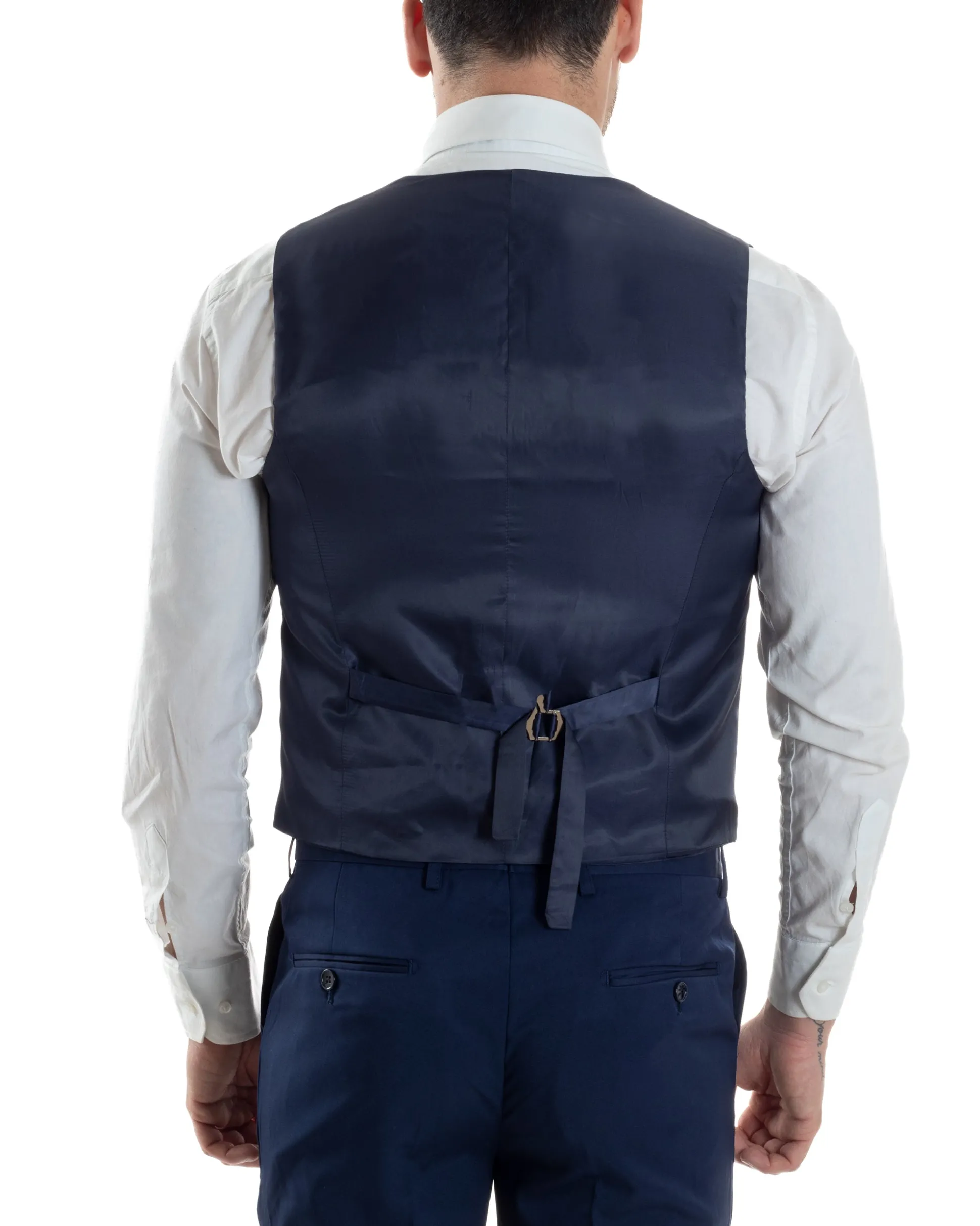 Abito Uomo Monopetto Cerimonia Rever Raso Lucido Vestito 3 Pezzi Panciotto Completo Sposo Panciotto Plastron Blu AE1144A