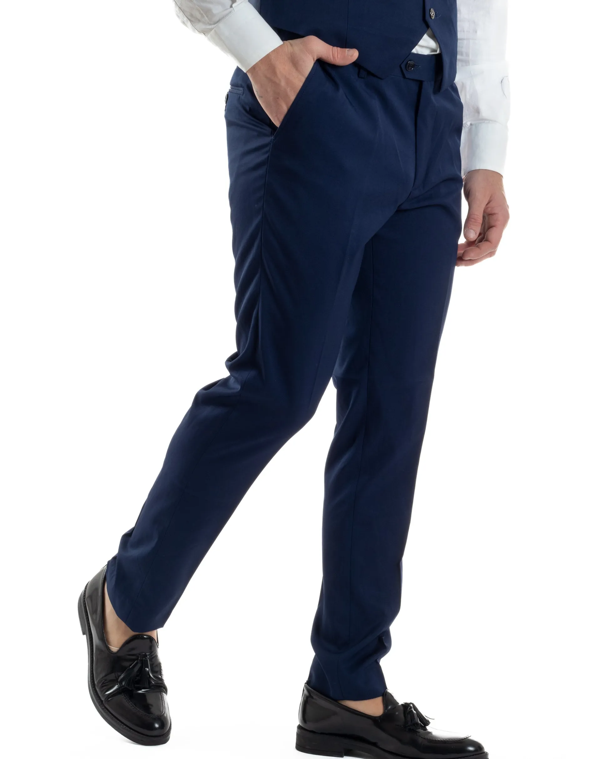Abito Uomo Monopetto Cerimonia Rever Raso Lucido Vestito 3 Pezzi Panciotto Completo Sposo Panciotto Plastron Blu AE1144A