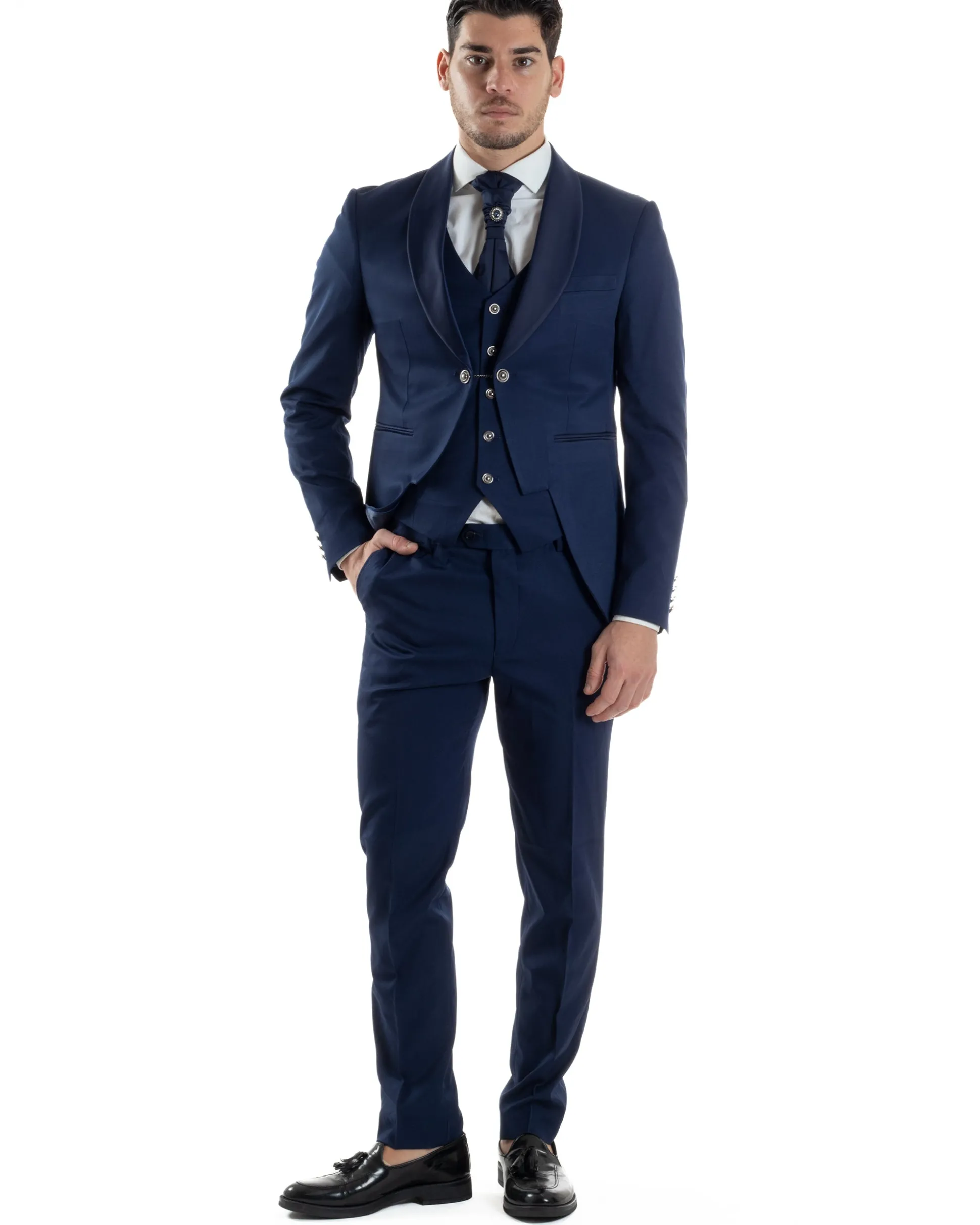 Abito Uomo Monopetto Cerimonia Rever Raso Lucido Vestito 3 Pezzi Panciotto Completo Sposo Panciotto Plastron Blu AE1144A