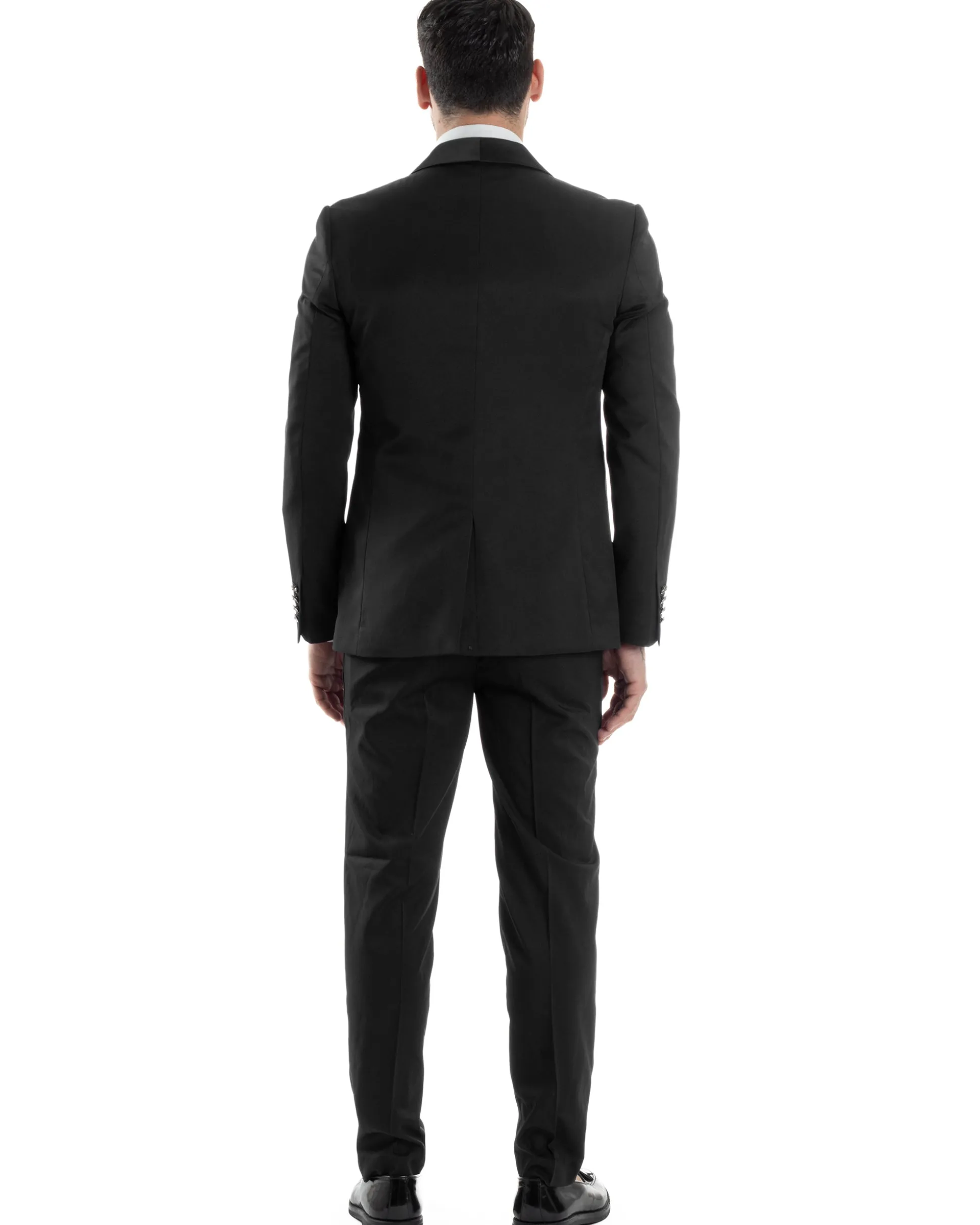 Abito Uomo Monopetto Cerimonia Rever Raso Lucido Vestito 3 Pezzi Panciotto Completo Sposo Panciotto Plastron Nero AE1143A