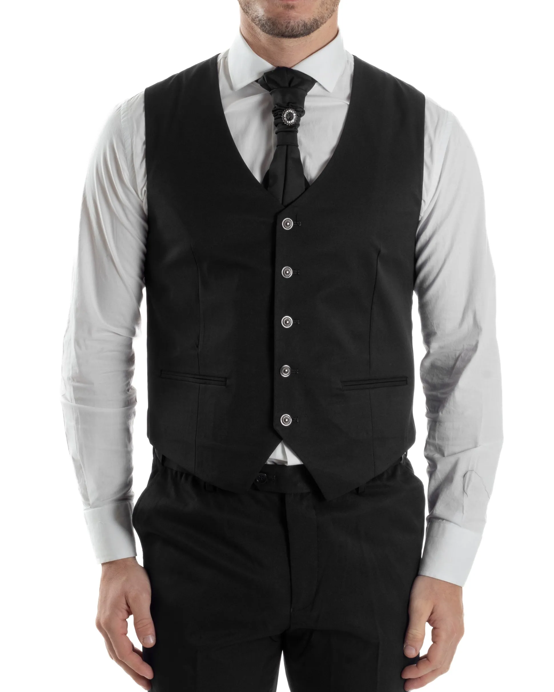 Abito Uomo Monopetto Cerimonia Rever Raso Lucido Vestito 3 Pezzi Panciotto Completo Sposo Panciotto Plastron Nero AE1143A