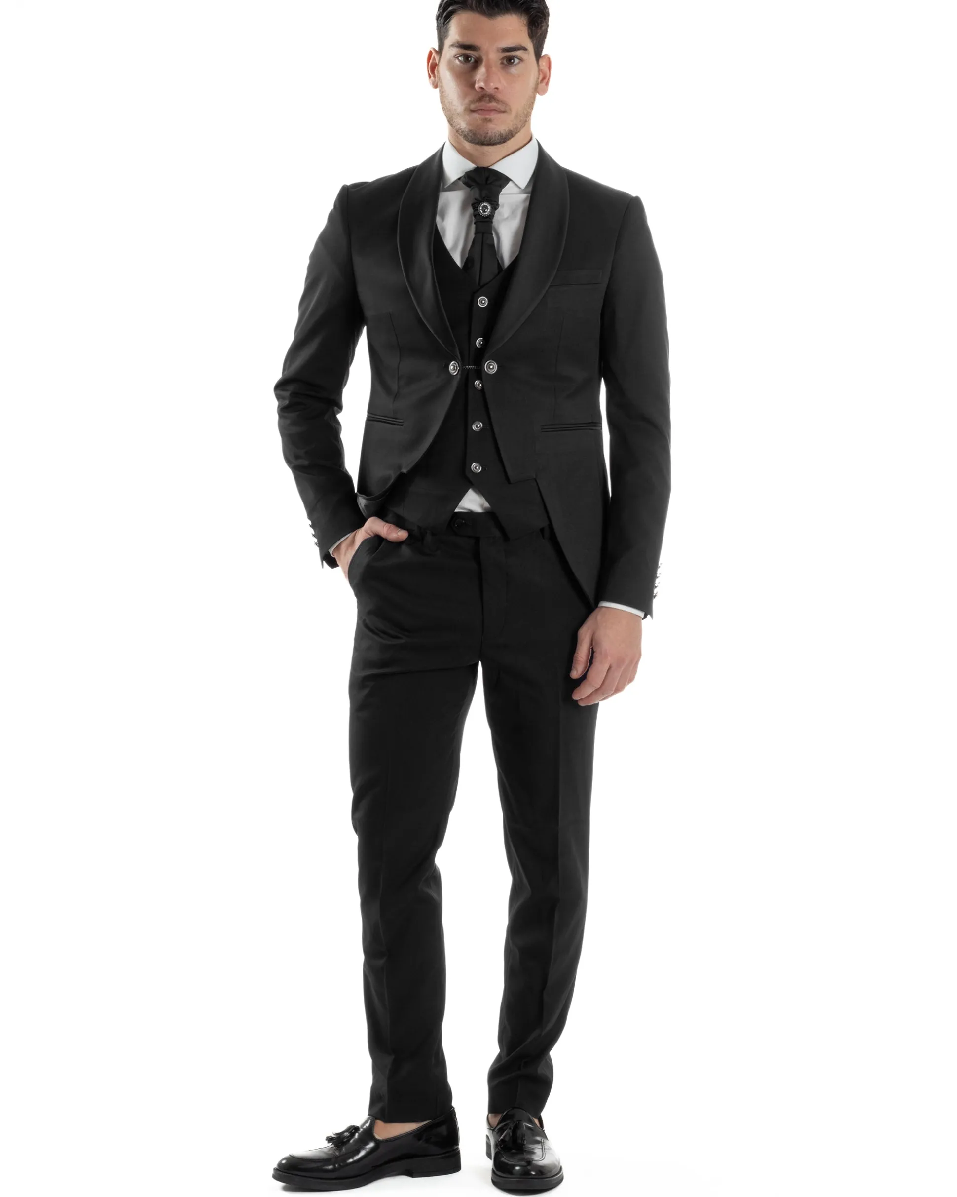Abito Uomo Monopetto Cerimonia Rever Raso Lucido Vestito 3 Pezzi Panciotto Completo Sposo Panciotto Plastron Nero AE1143A