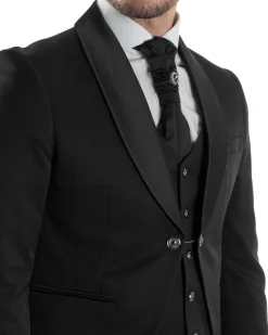 Abito Uomo Monopetto Cerimonia Rever Raso Lucido Vestito 3 Pezzi Panciotto Completo Sposo Panciotto Plastron Nero AE1143A