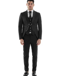 Abito Uomo Monopetto Cerimonia Rever Raso Lucido Vestito 3 Pezzi Panciotto Completo Sposo Panciotto Plastron Nero AE1143A