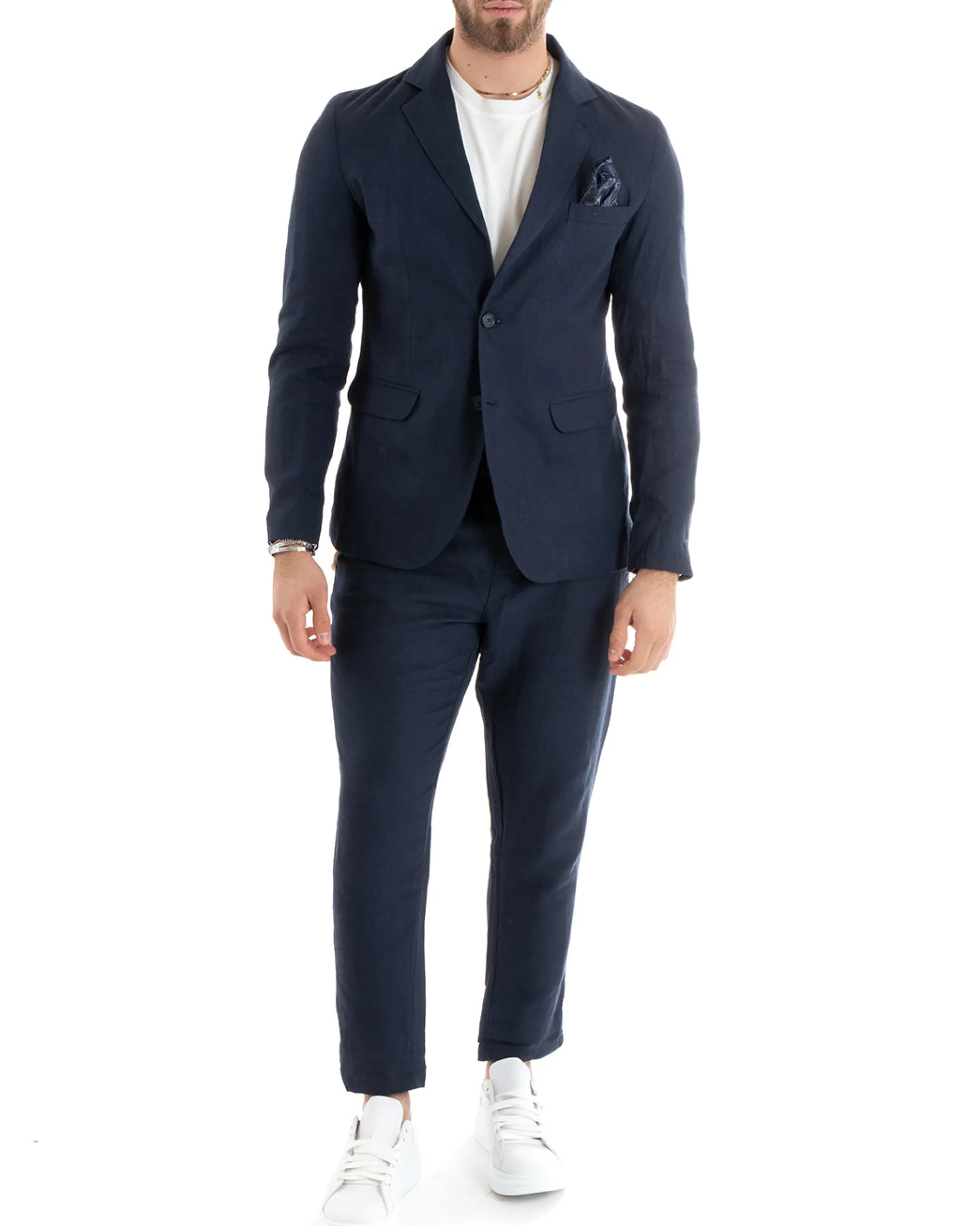 Abito Uomo Monopetto Completo Lino Sartoriale Giacca Pantaloni Blu GIOSAL-OU2324A