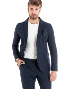 Abito Uomo Monopetto Completo Lino Sartoriale Giacca Pantaloni Blu GIOSAL-OU2324A