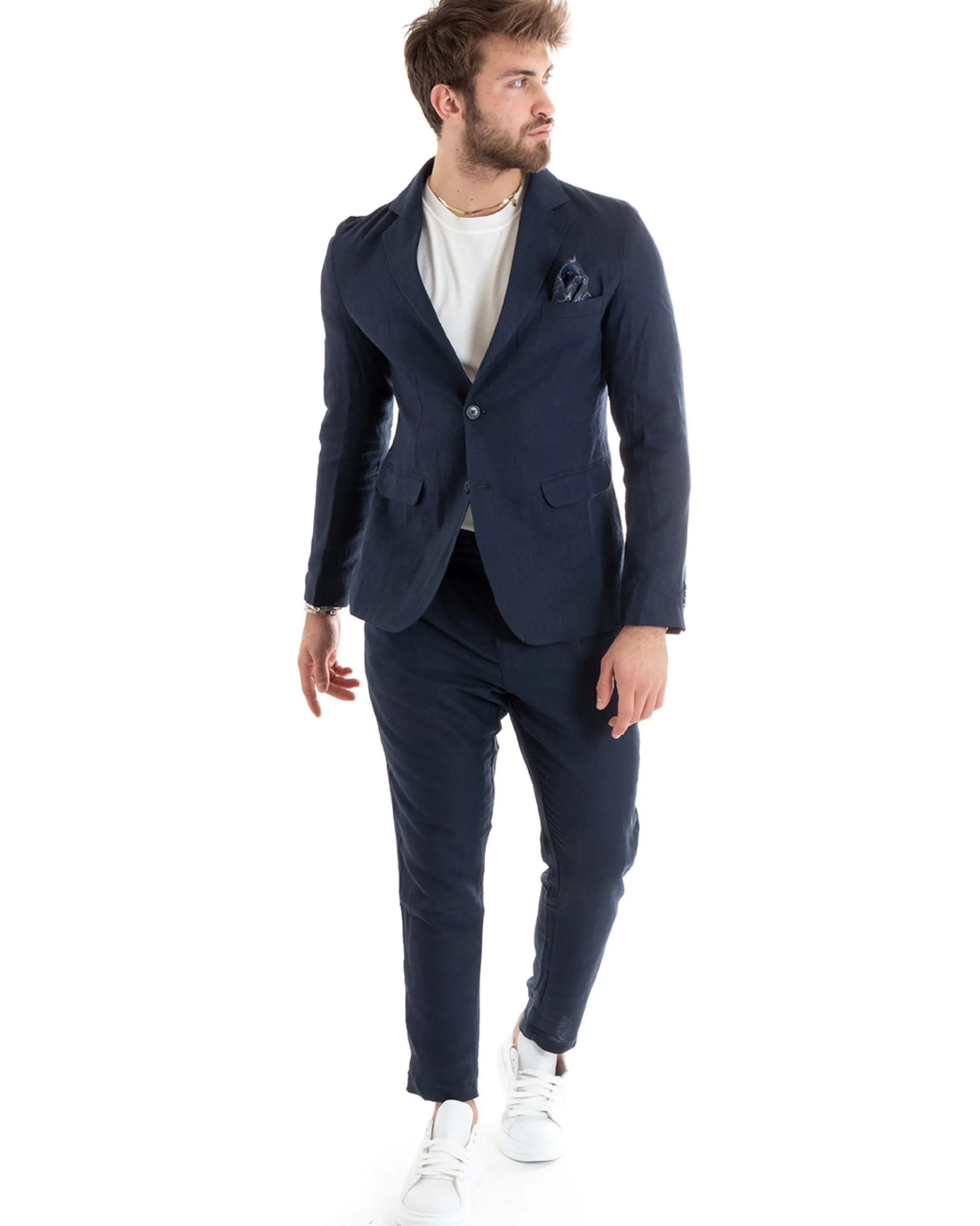 Abito Uomo Monopetto Completo Lino Sartoriale Giacca Pantaloni Blu GIOSAL-OU2324A