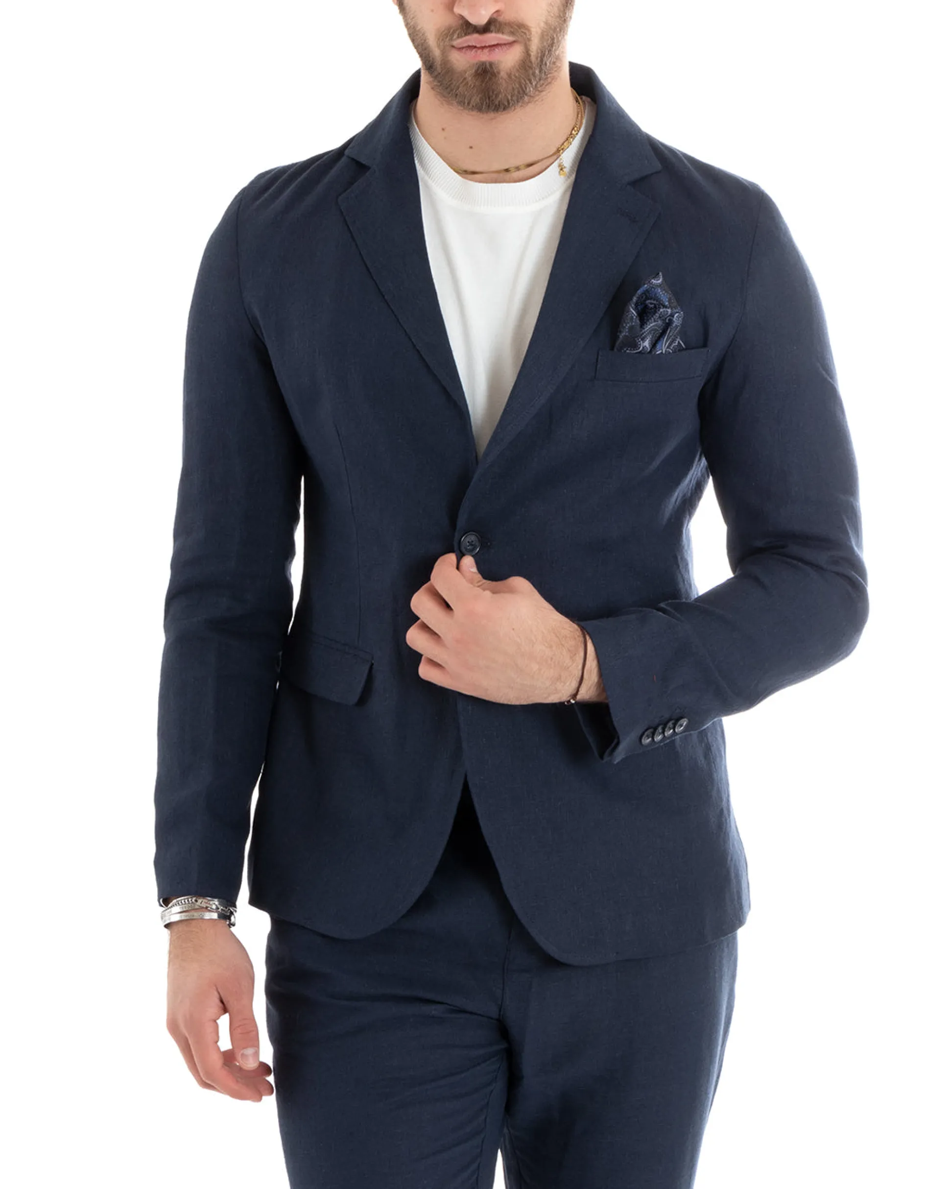 Abito Uomo Monopetto Completo Lino Sartoriale Giacca Pantaloni Blu GIOSAL-OU2324A