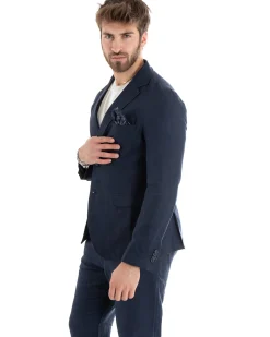 Abito Uomo Monopetto Completo Lino Sartoriale Giacca Pantaloni Blu GIOSAL-OU2324A