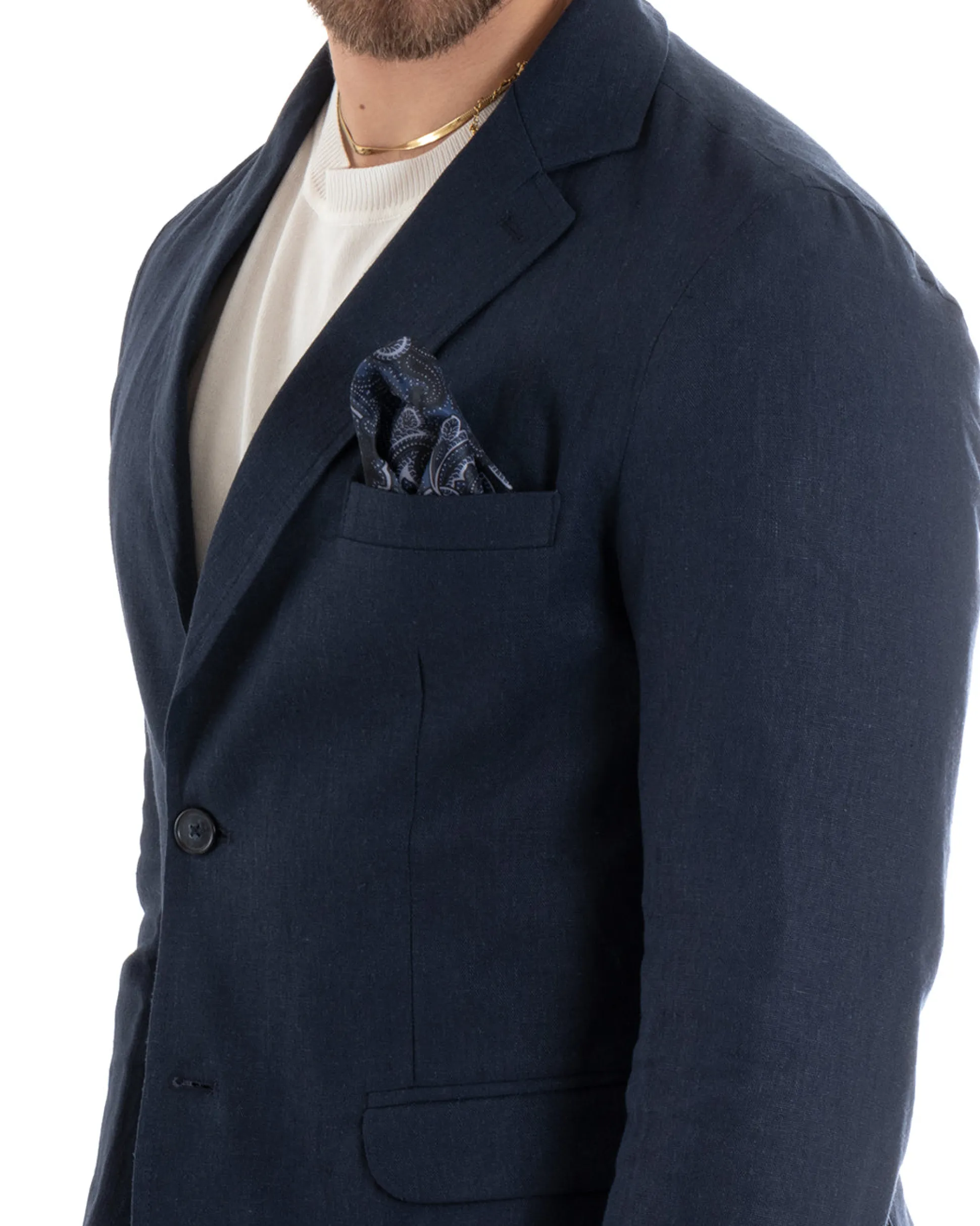 Abito Uomo Monopetto Completo Lino Sartoriale Giacca Pantaloni Blu GIOSAL-OU2324A