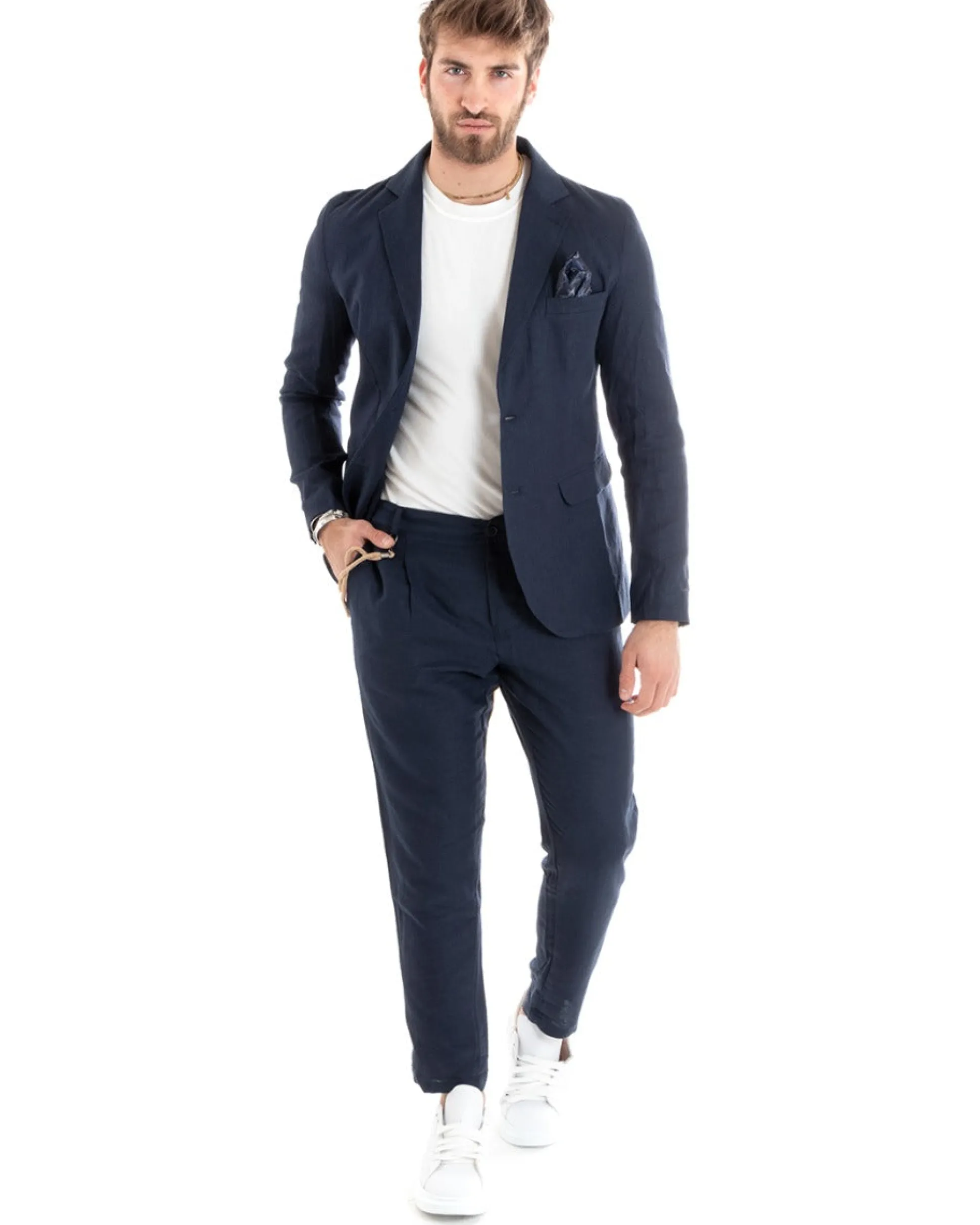 Abito Uomo Monopetto Completo Lino Sartoriale Giacca Pantaloni Blu GIOSAL-OU2324A