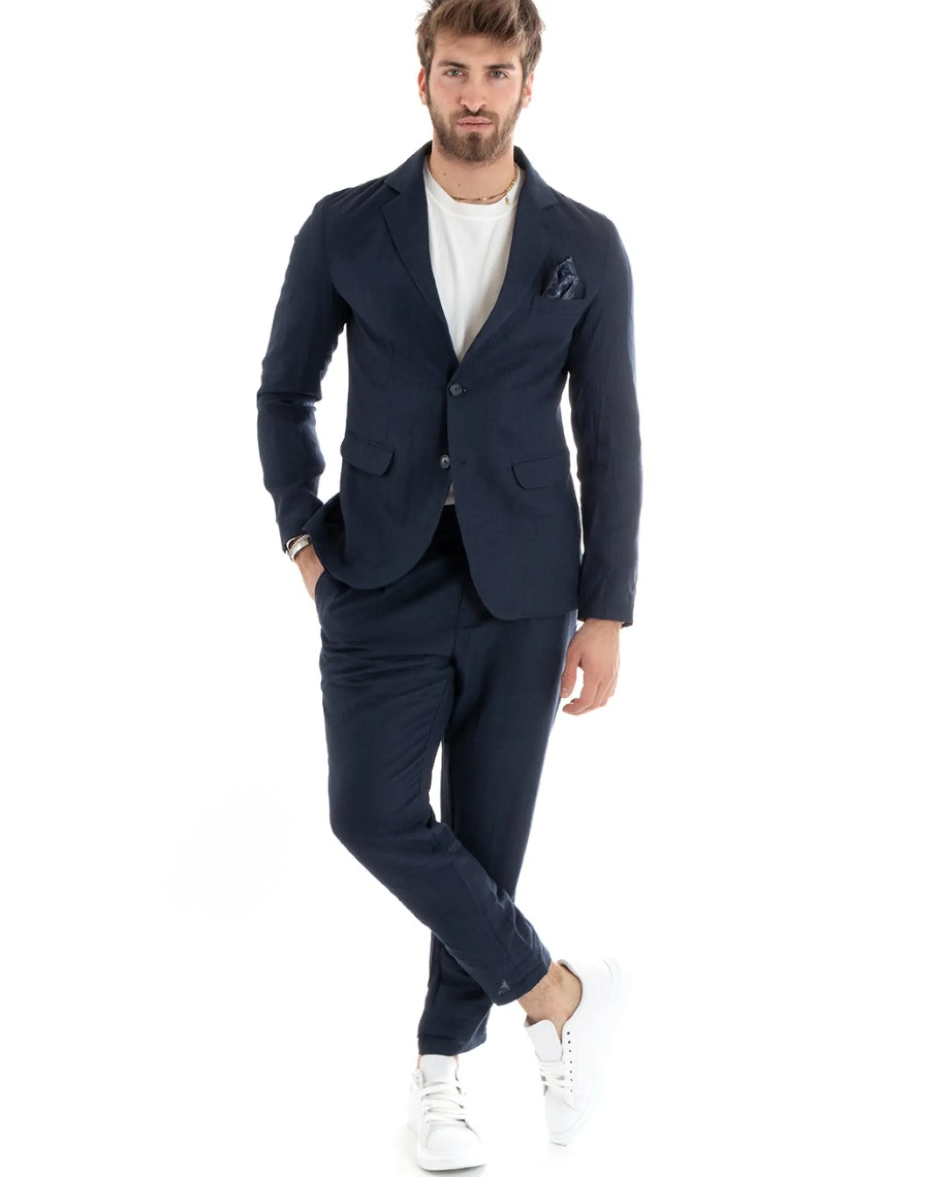Abito Uomo Monopetto Completo Lino Sartoriale Giacca Pantaloni Blu GIOSAL-OU2324A