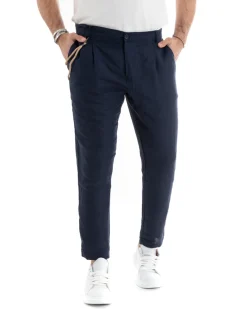 Abito Uomo Monopetto Completo Lino Sartoriale Giacca Pantaloni Blu GIOSAL-OU2324A