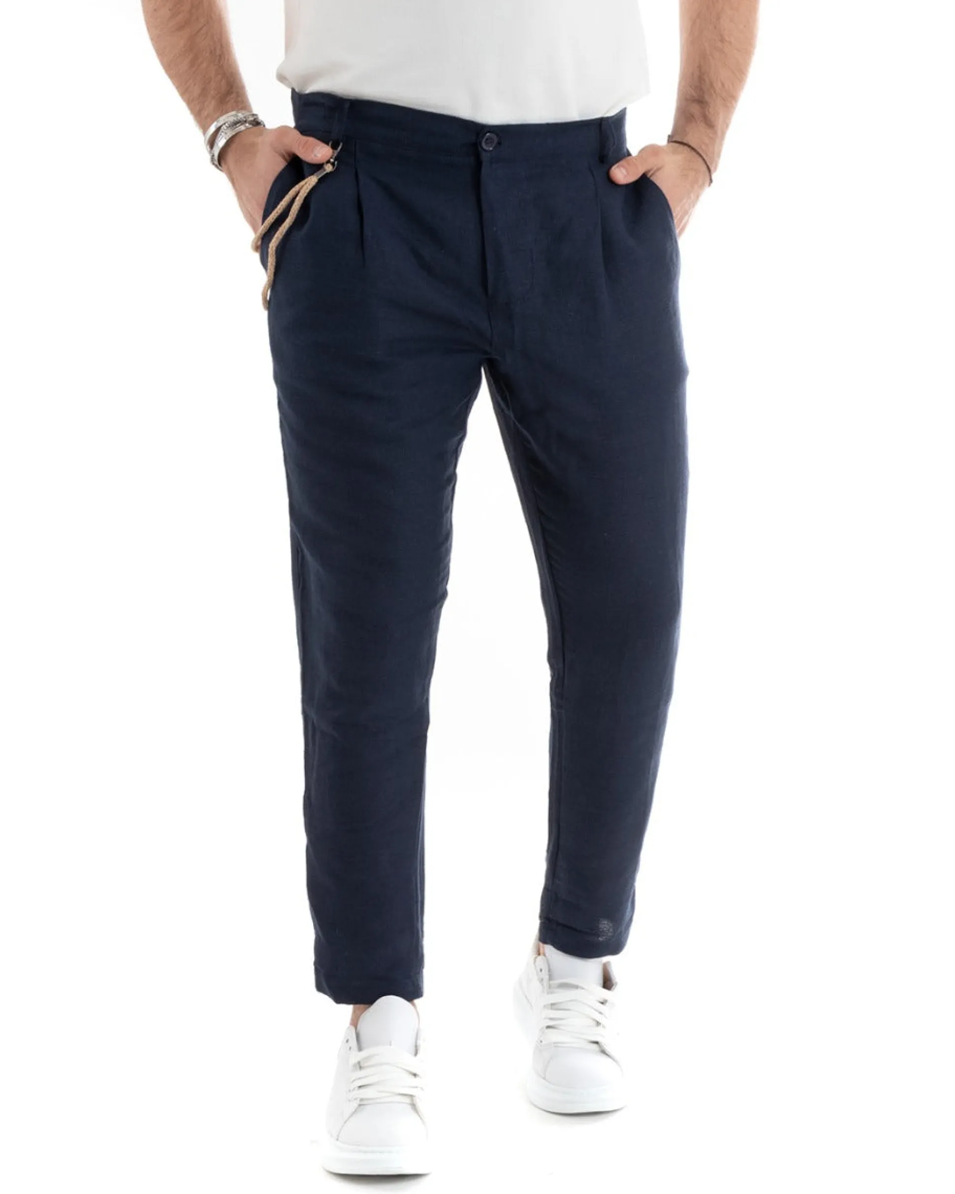 Abito Uomo Monopetto Completo Lino Sartoriale Giacca Pantaloni Blu GIOSAL-OU2324A