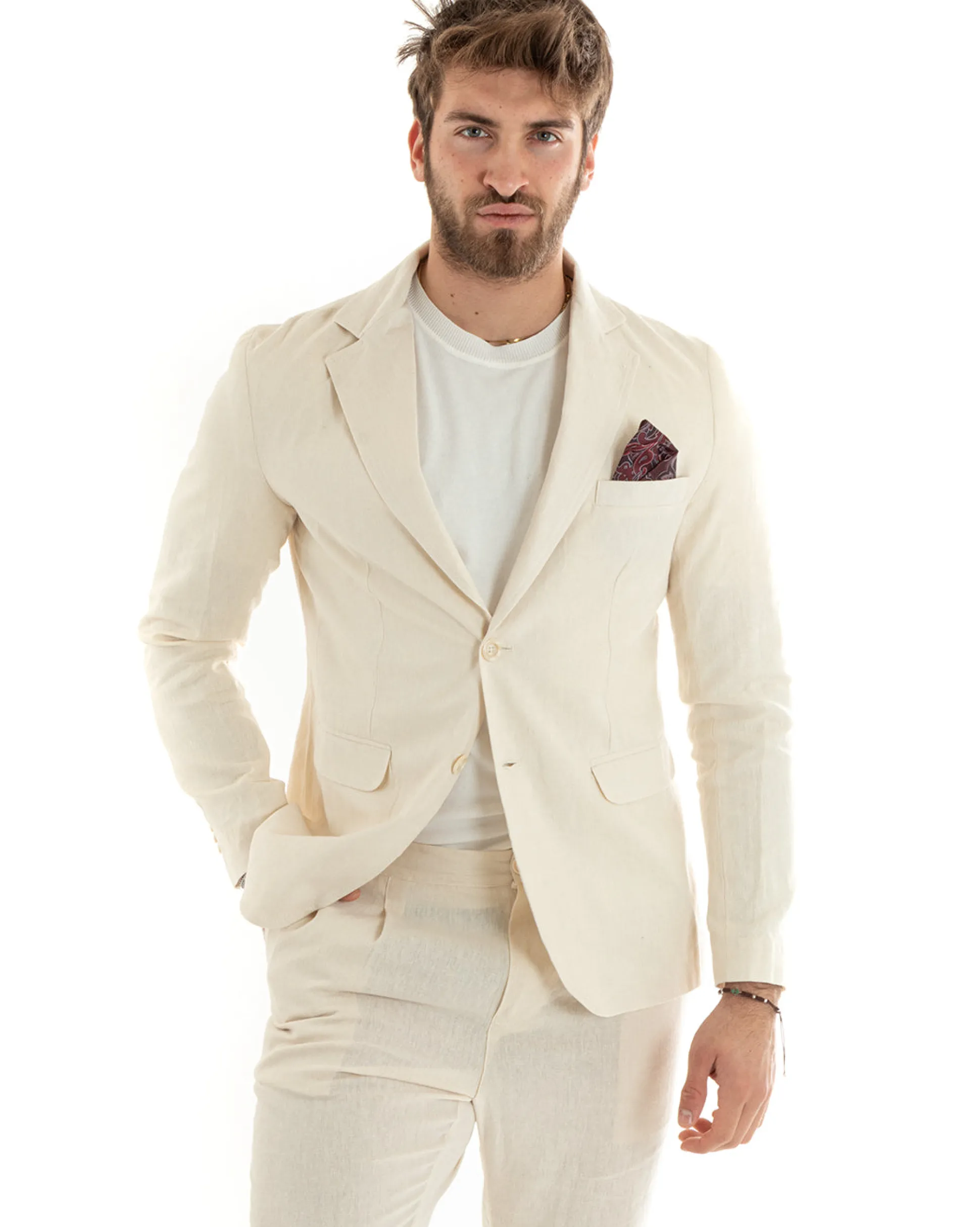 Abito Uomo Monopetto Completo Lino Sartoriale Giacca Pantaloni Beige GIOSAL-OU2322A
