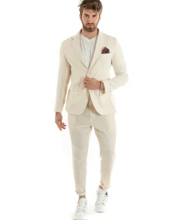 Abito Uomo Monopetto Completo Lino Sartoriale Giacca Pantaloni Beige GIOSAL-OU2322A
