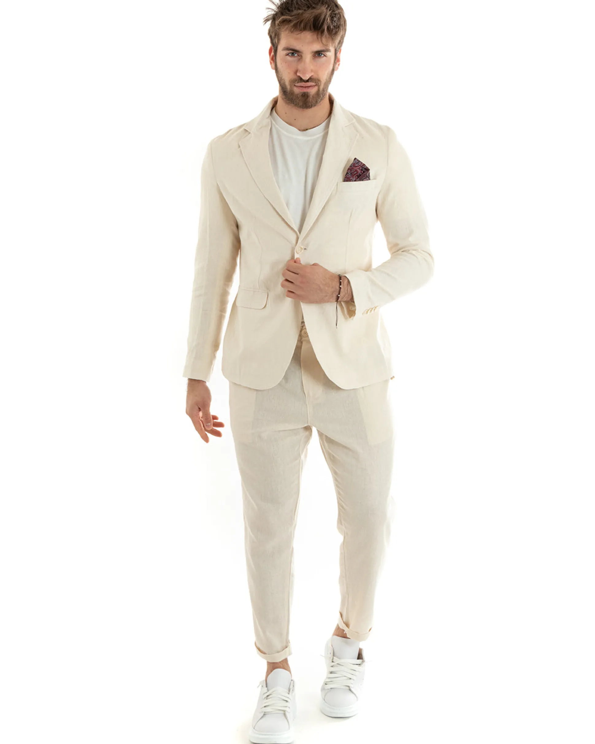 Abito Uomo Monopetto Completo Lino Sartoriale Giacca Pantaloni Beige GIOSAL-OU2322A