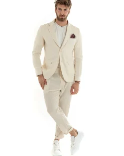 Abito Uomo Monopetto Completo Lino Sartoriale Giacca Pantaloni Beige GIOSAL-OU2322A