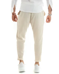 Abito Uomo Monopetto Completo Lino Sartoriale Giacca Pantaloni Beige GIOSAL-OU2322A