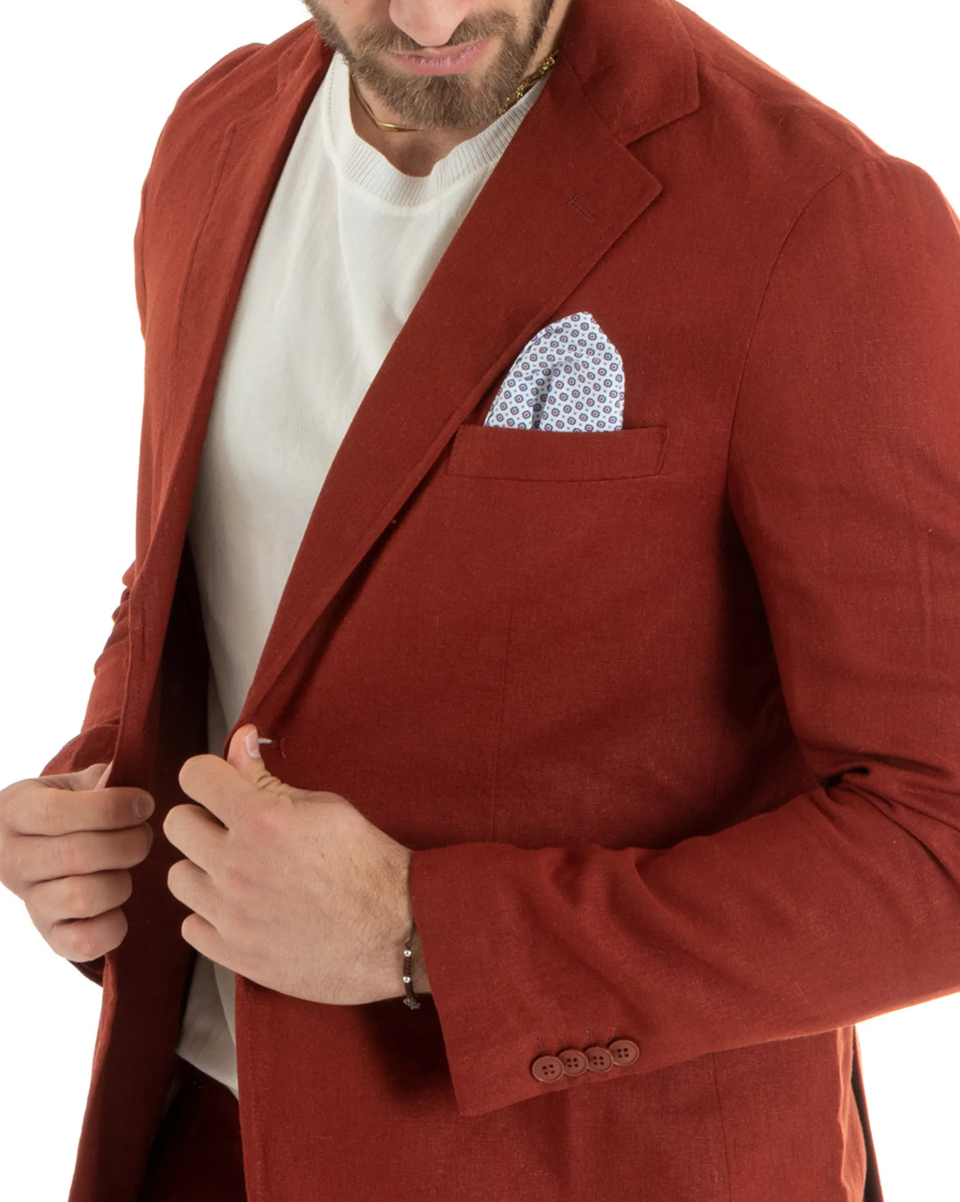 Abito Uomo Monopetto Completo Lino Sartoriale Giacca Pantaloni Mattone GIOSAL-OU2328A
