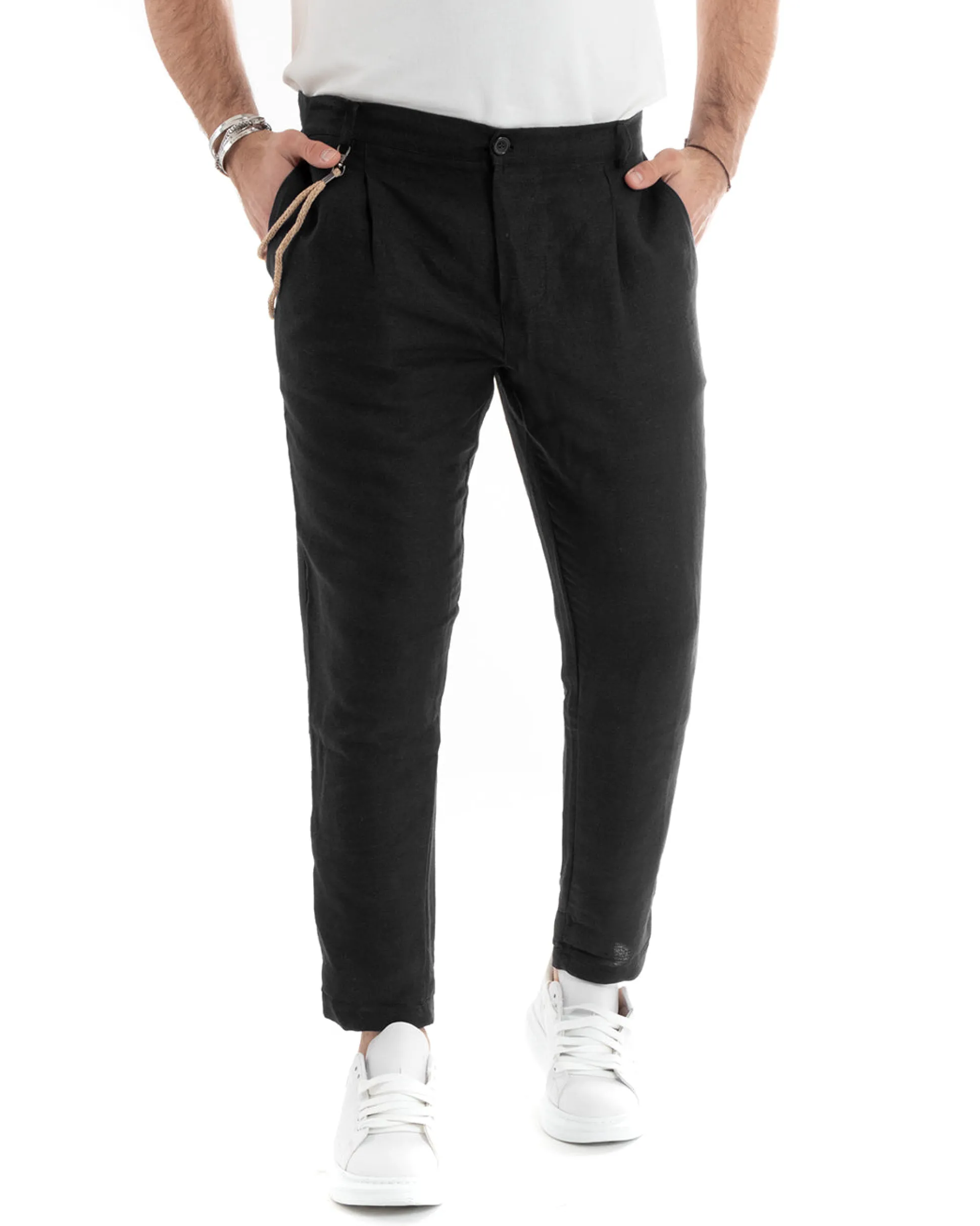 Abito Uomo Monopetto Completo Lino Sartoriale Giacca Pantaloni Nero GIOSAL-OU2325A