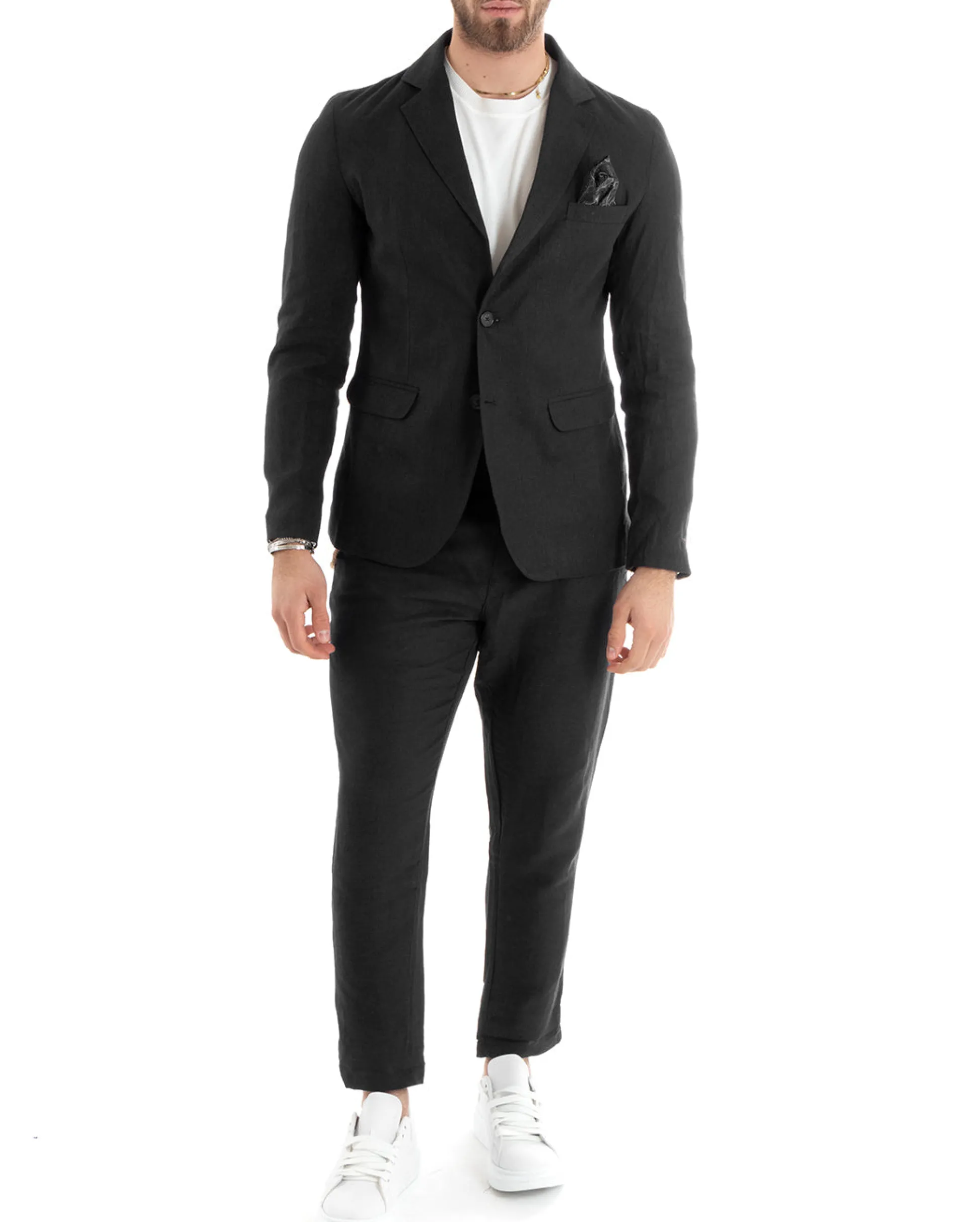 Abito Uomo Monopetto Completo Lino Sartoriale Giacca Pantaloni Nero GIOSAL-OU2325A