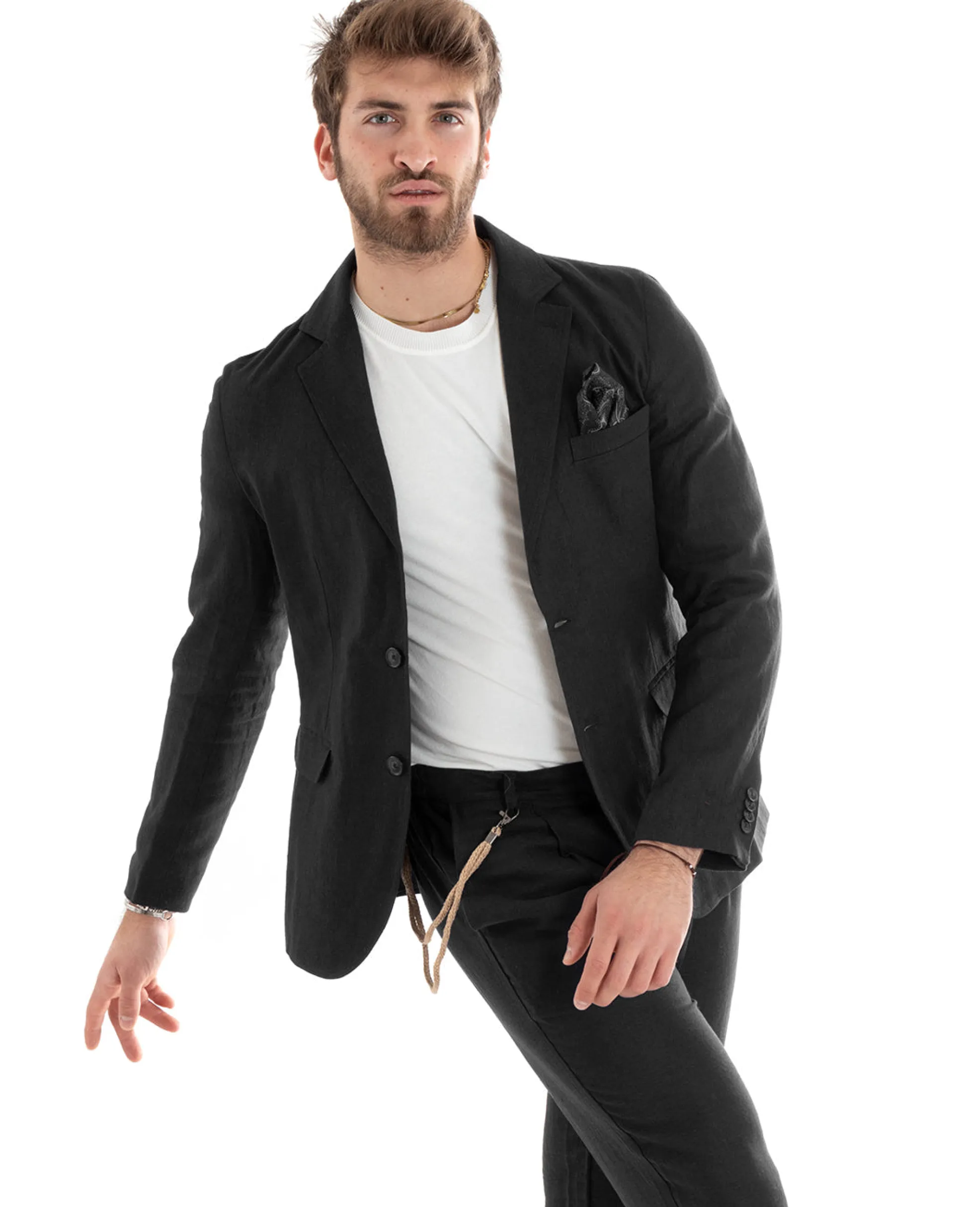 Abito Uomo Monopetto Completo Lino Sartoriale Giacca Pantaloni Nero GIOSAL-OU2325A