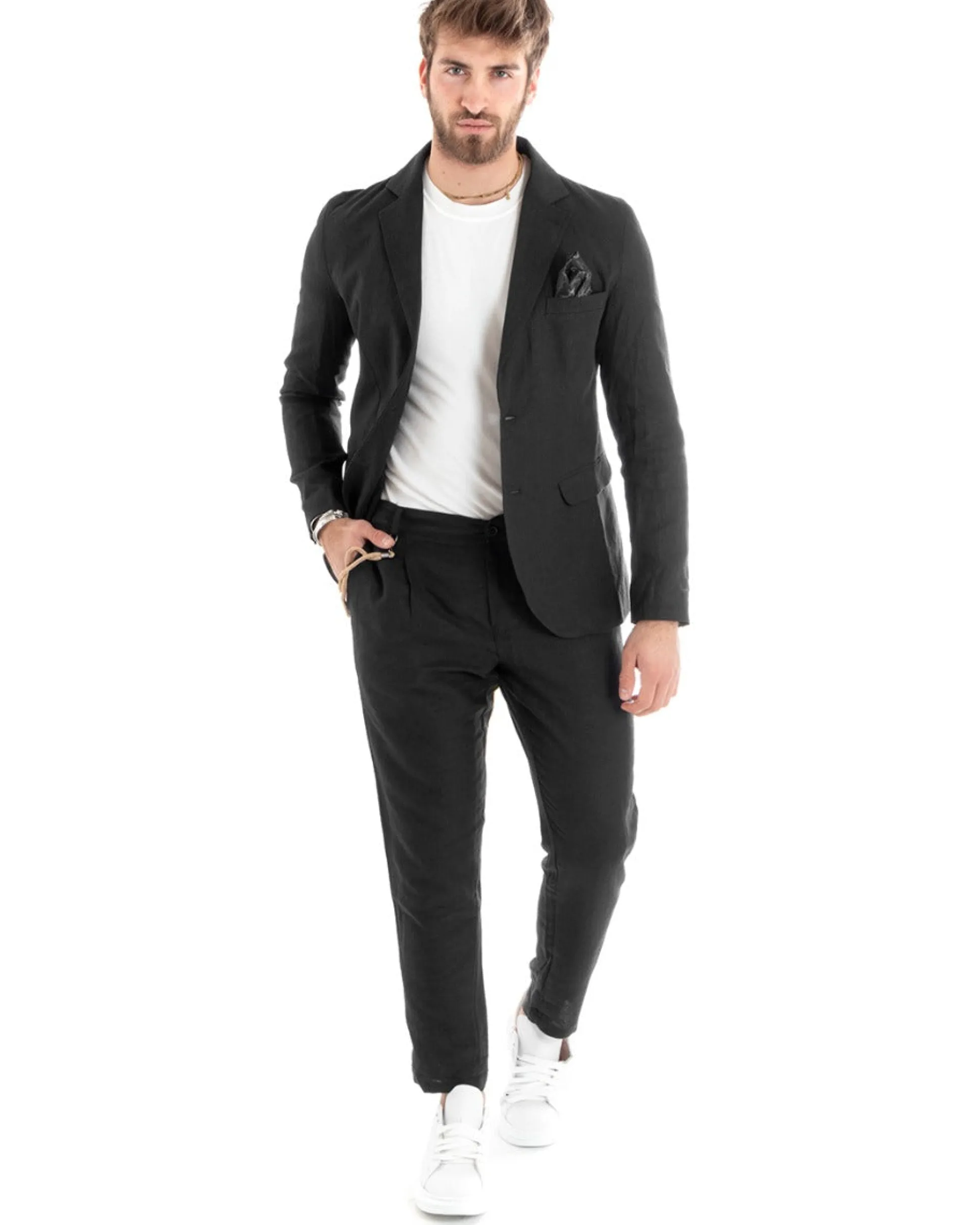 Abito Uomo Monopetto Completo Lino Sartoriale Giacca Pantaloni Nero GIOSAL-OU2325A