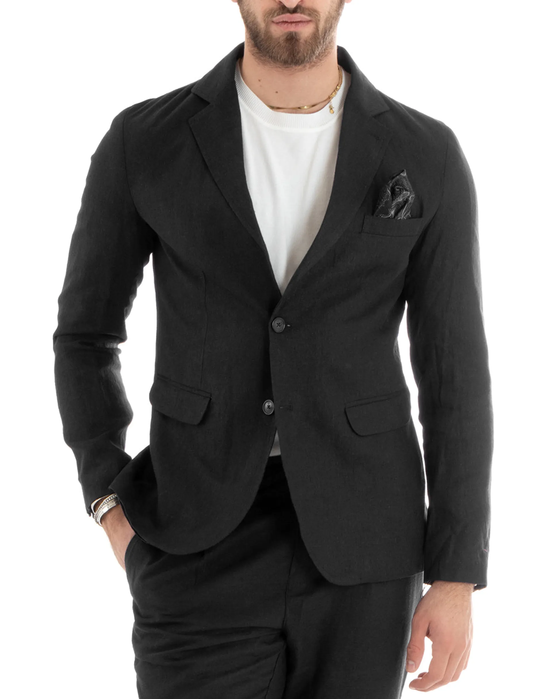 Abito Uomo Monopetto Completo Lino Sartoriale Giacca Pantaloni Nero GIOSAL-OU2325A