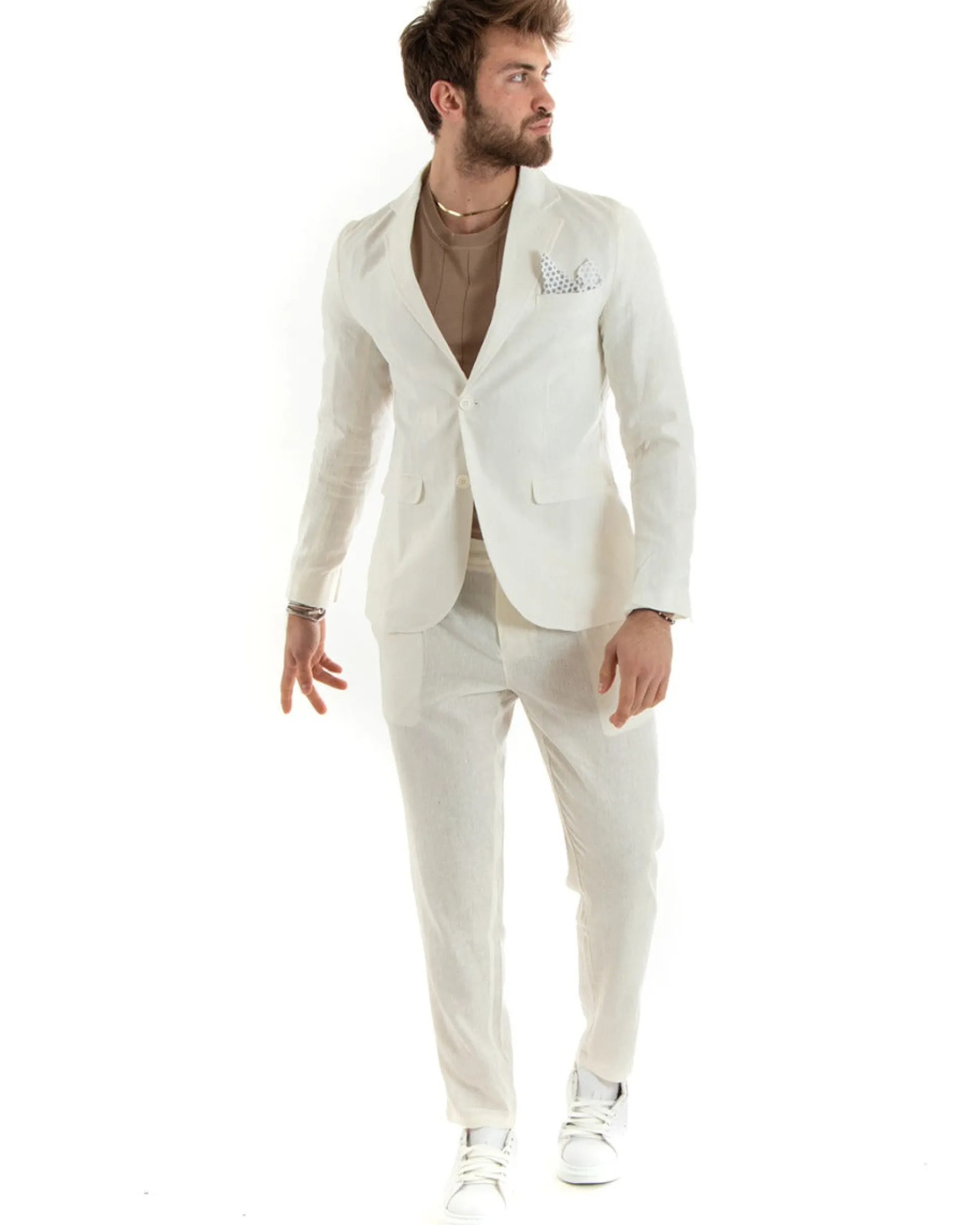 Abito Uomo Monopetto Completo Lino Sartoriale Giacca Pantaloni Panna GIOSAL-OU2326A