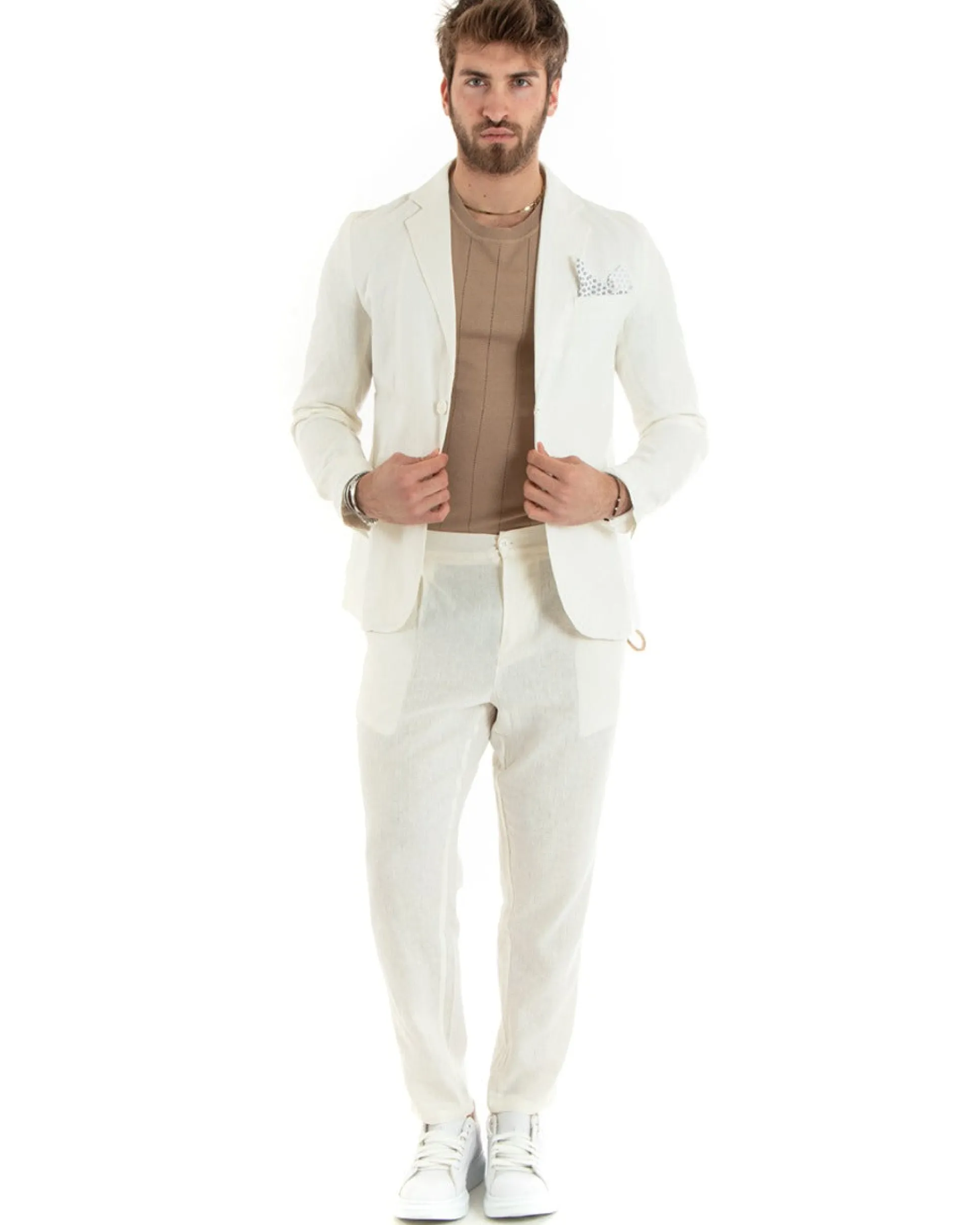 Abito Uomo Monopetto Completo Lino Sartoriale Giacca Pantaloni Panna GIOSAL-OU2326A