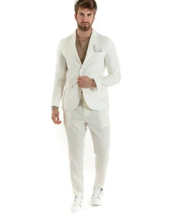 Abito Uomo Monopetto Completo Lino Sartoriale Giacca Pantaloni Panna GIOSAL-OU2326A