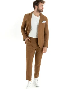 Abito Uomo Monopetto Completo Lino Sartoriale Giacca Pantaloni Camel GIOSAL-OU2327A