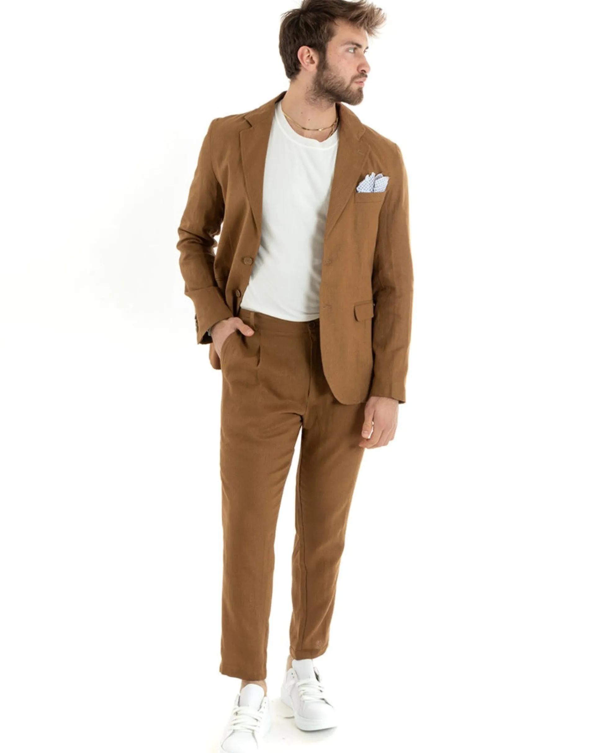 Abito Uomo Monopetto Completo Lino Sartoriale Giacca Pantaloni Camel GIOSAL-OU2327A