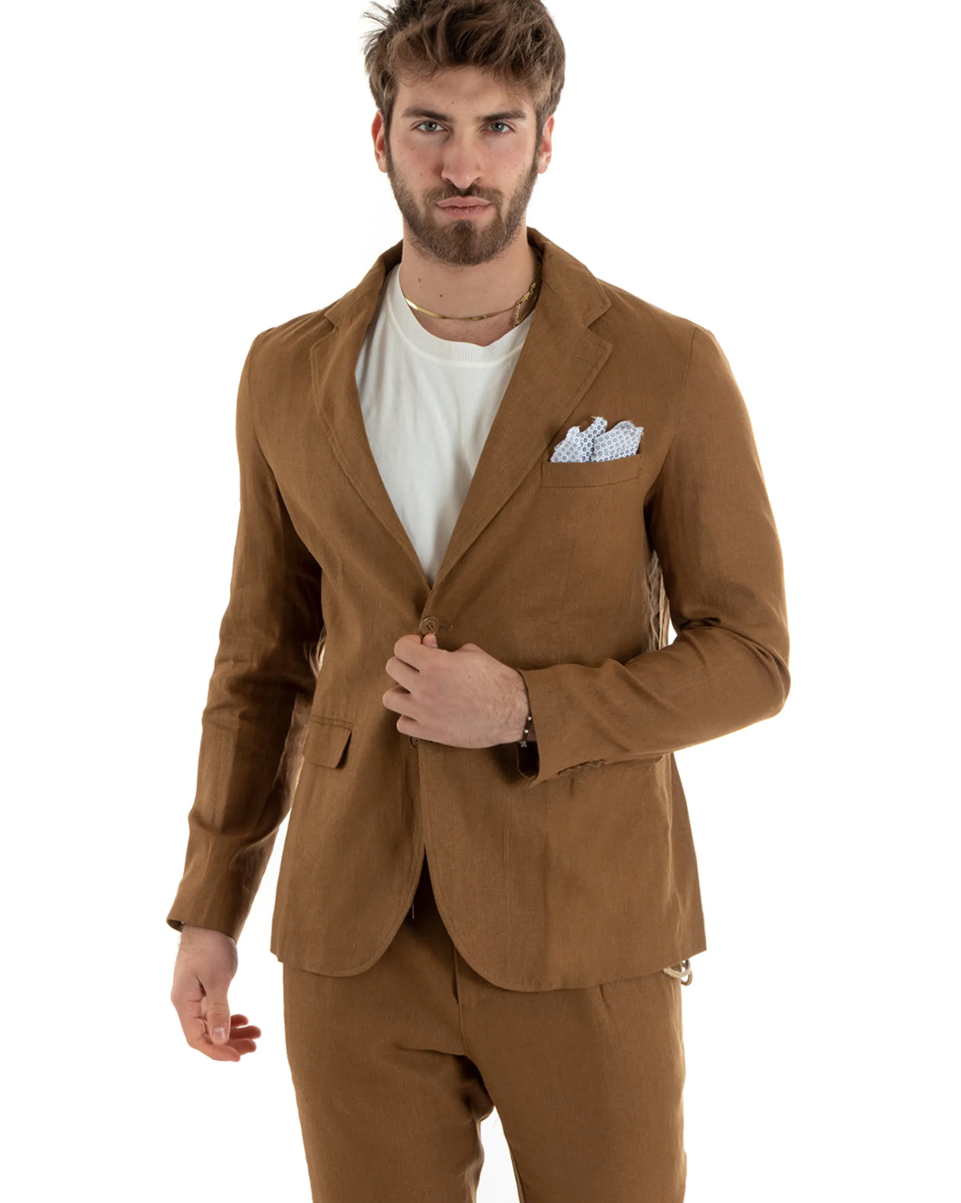 Abito Uomo Monopetto Completo Lino Sartoriale Giacca Pantaloni Camel GIOSAL-OU2327A