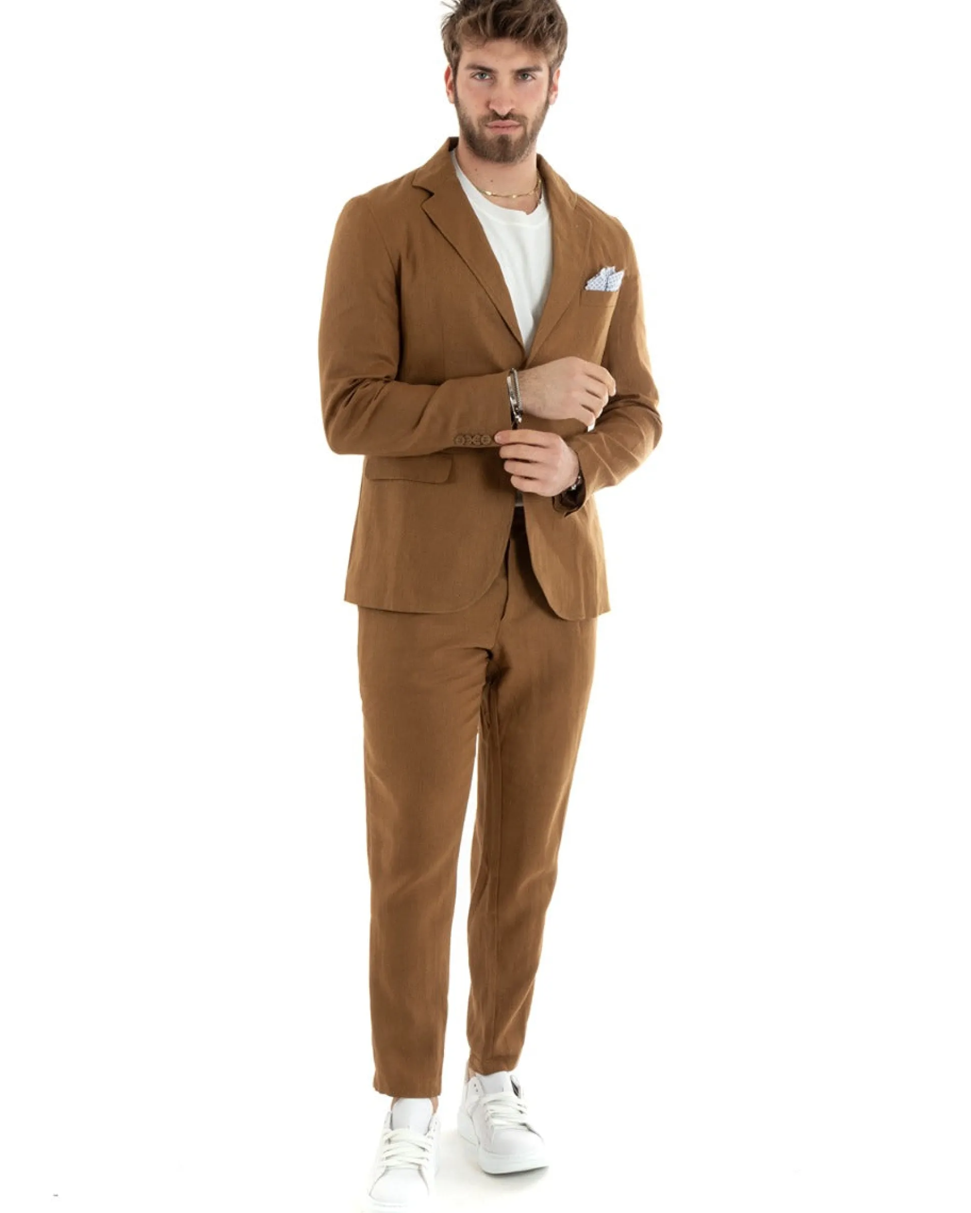 Abito Uomo Monopetto Completo Lino Sartoriale Giacca Pantaloni Camel GIOSAL-OU2327A