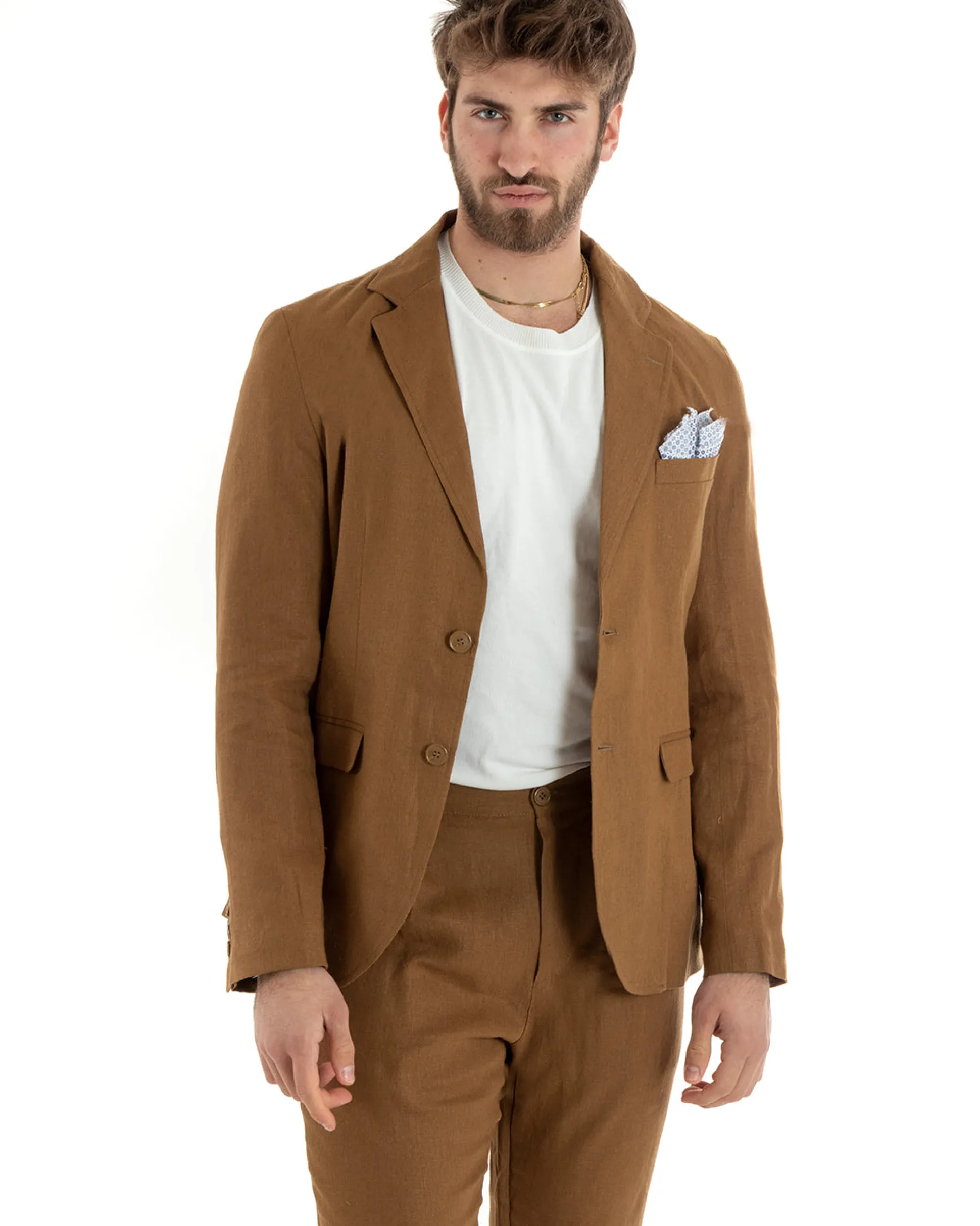 Abito Uomo Monopetto Completo Lino Sartoriale Giacca Pantaloni Camel GIOSAL-OU2327A