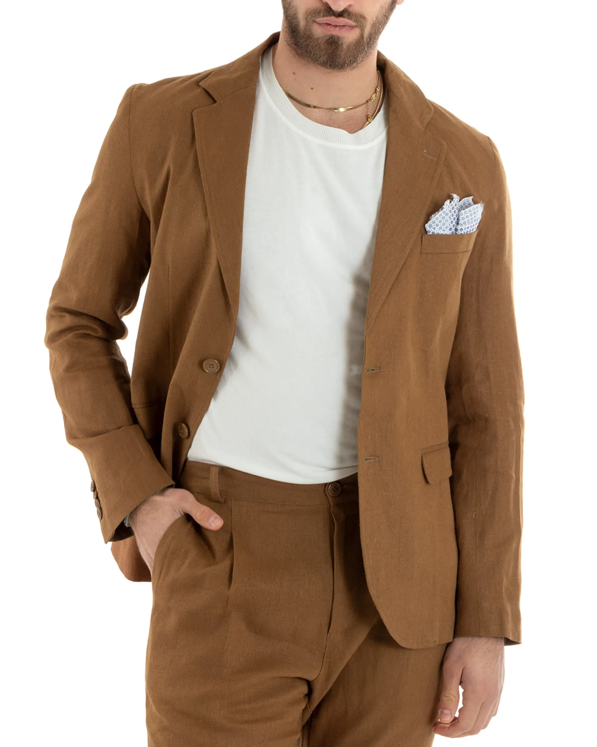 Abito Uomo Monopetto Completo Lino Sartoriale Giacca Pantaloni Camel GIOSAL-OU2327A