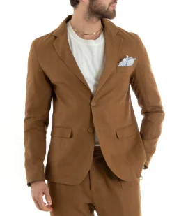 Abito Uomo Monopetto Completo Lino Sartoriale Giacca Pantaloni Camel GIOSAL-OU2327A