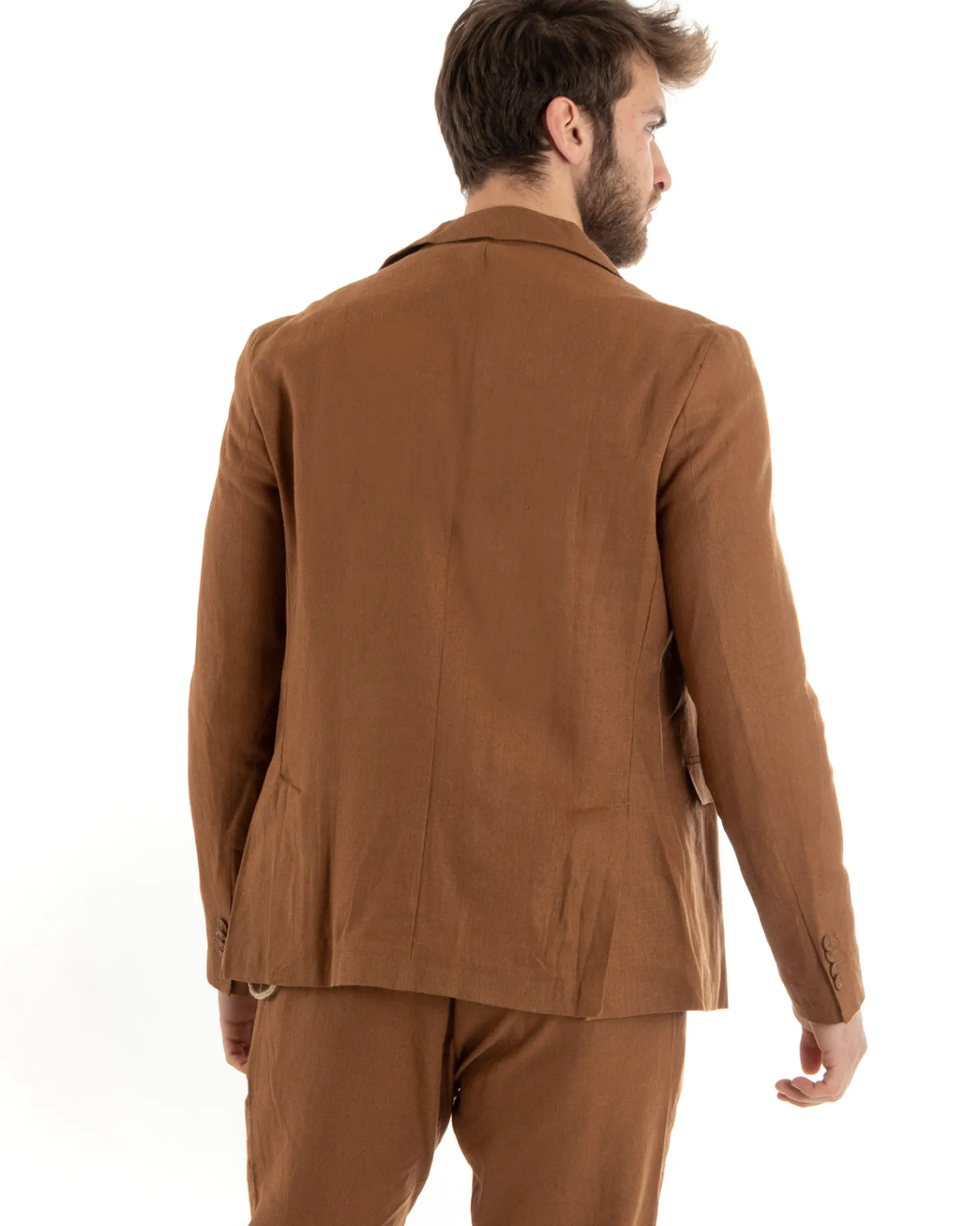 Abito Uomo Monopetto Completo Lino Sartoriale Giacca Pantaloni Camel GIOSAL-OU2327A