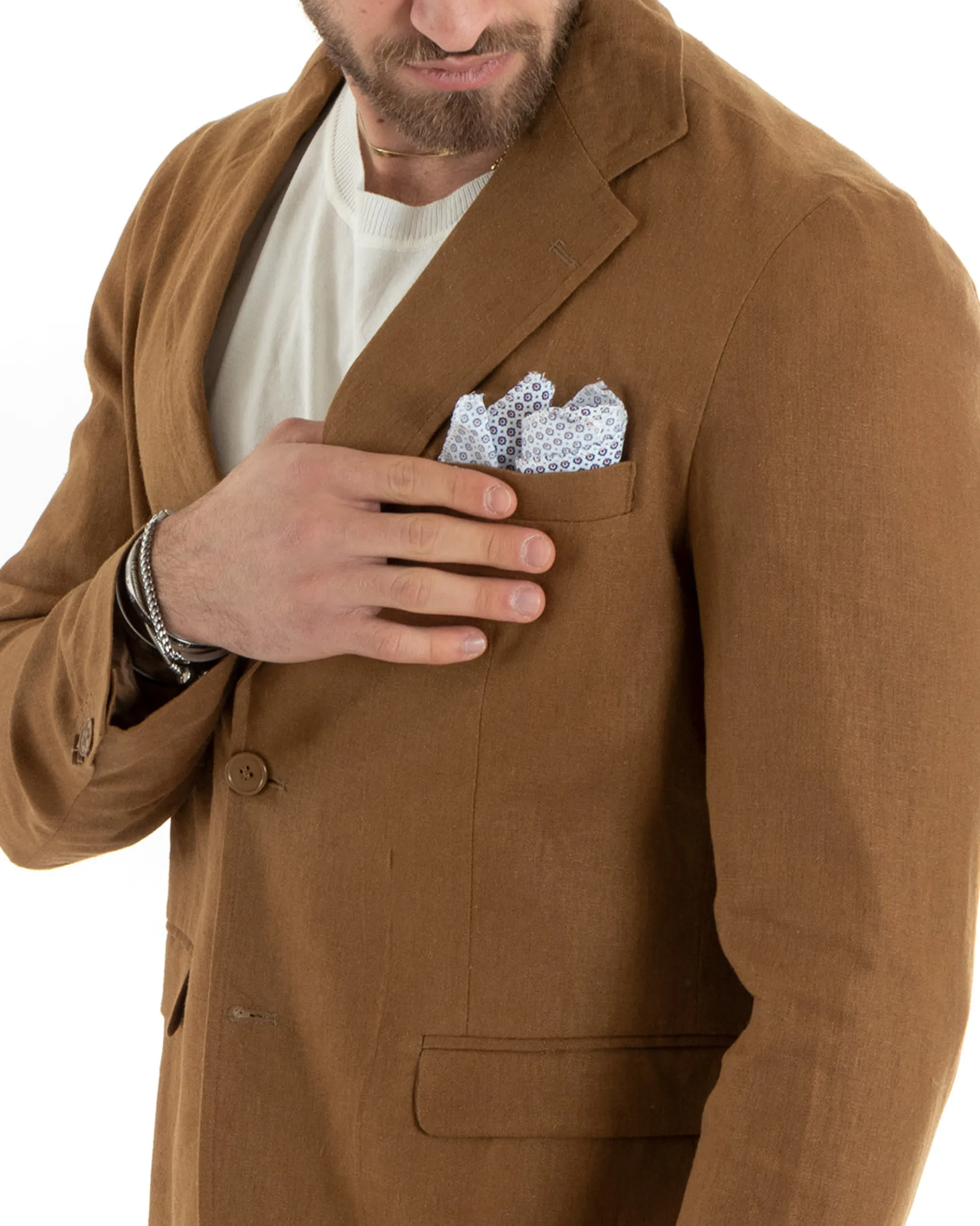 Abito Uomo Monopetto Completo Lino Sartoriale Giacca Pantaloni Camel GIOSAL-OU2327A