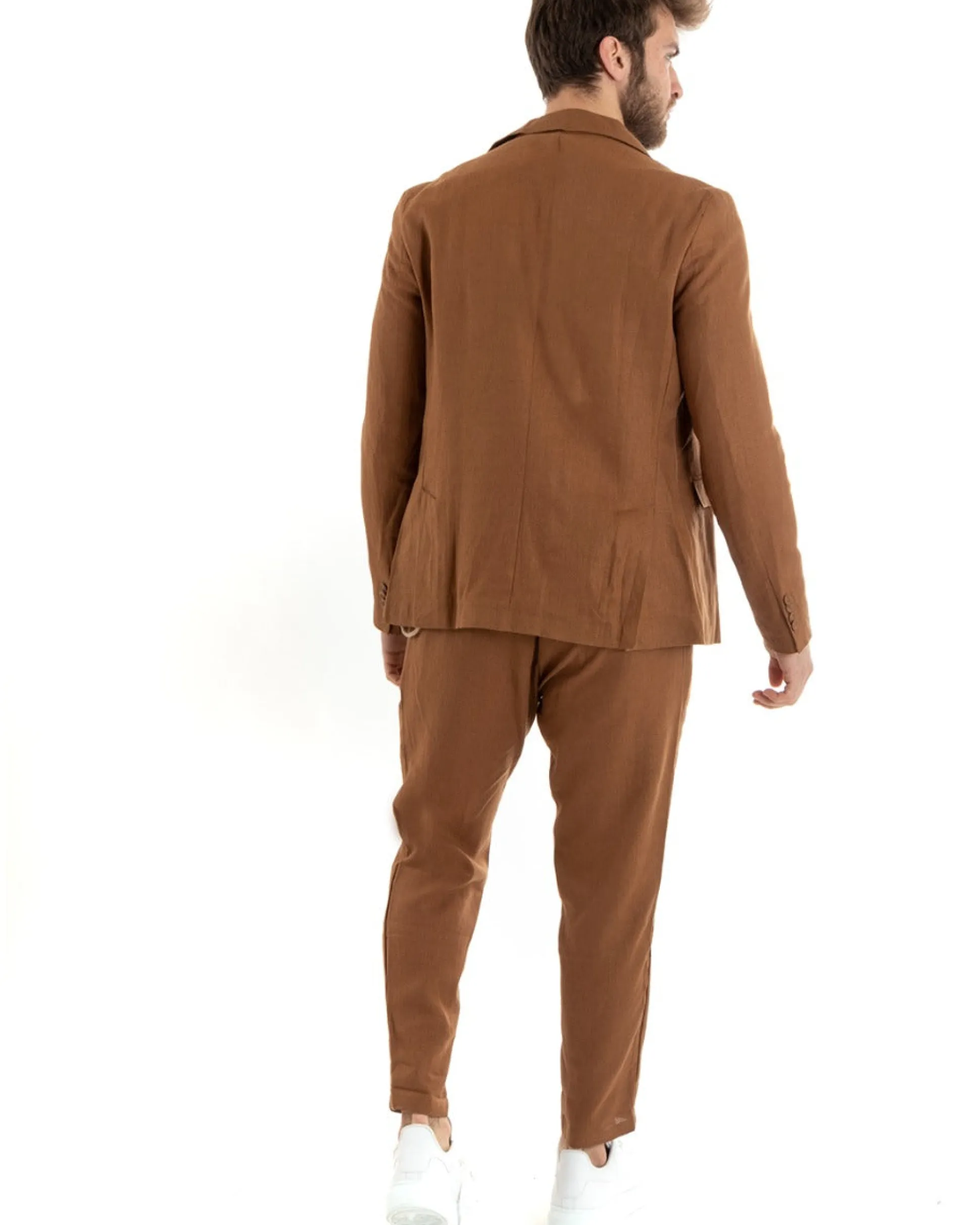 Abito Uomo Monopetto Completo Lino Sartoriale Giacca Pantaloni Camel GIOSAL-OU2327A