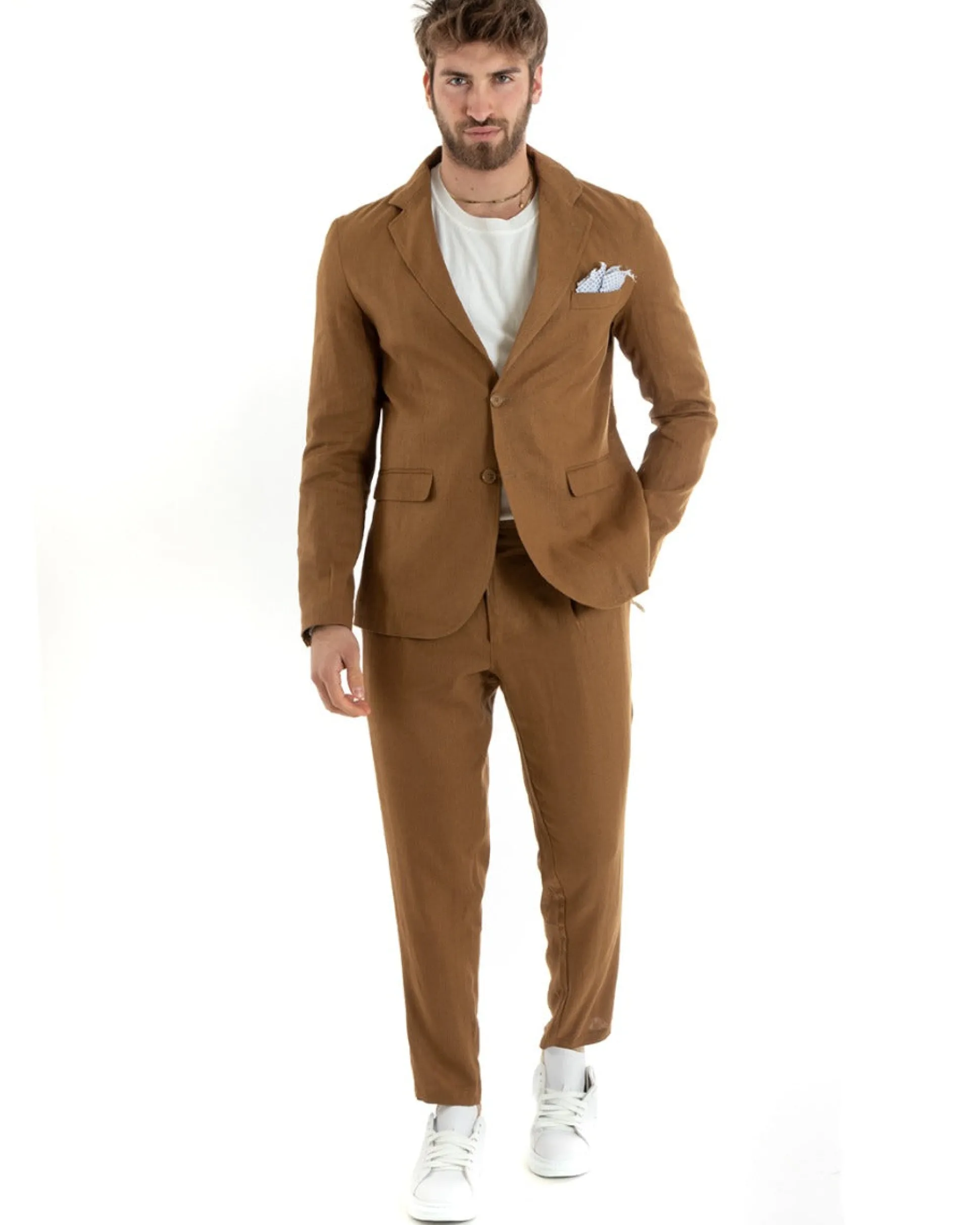 Abito Uomo Monopetto Completo Lino Sartoriale Giacca Pantaloni Camel GIOSAL-OU2327A