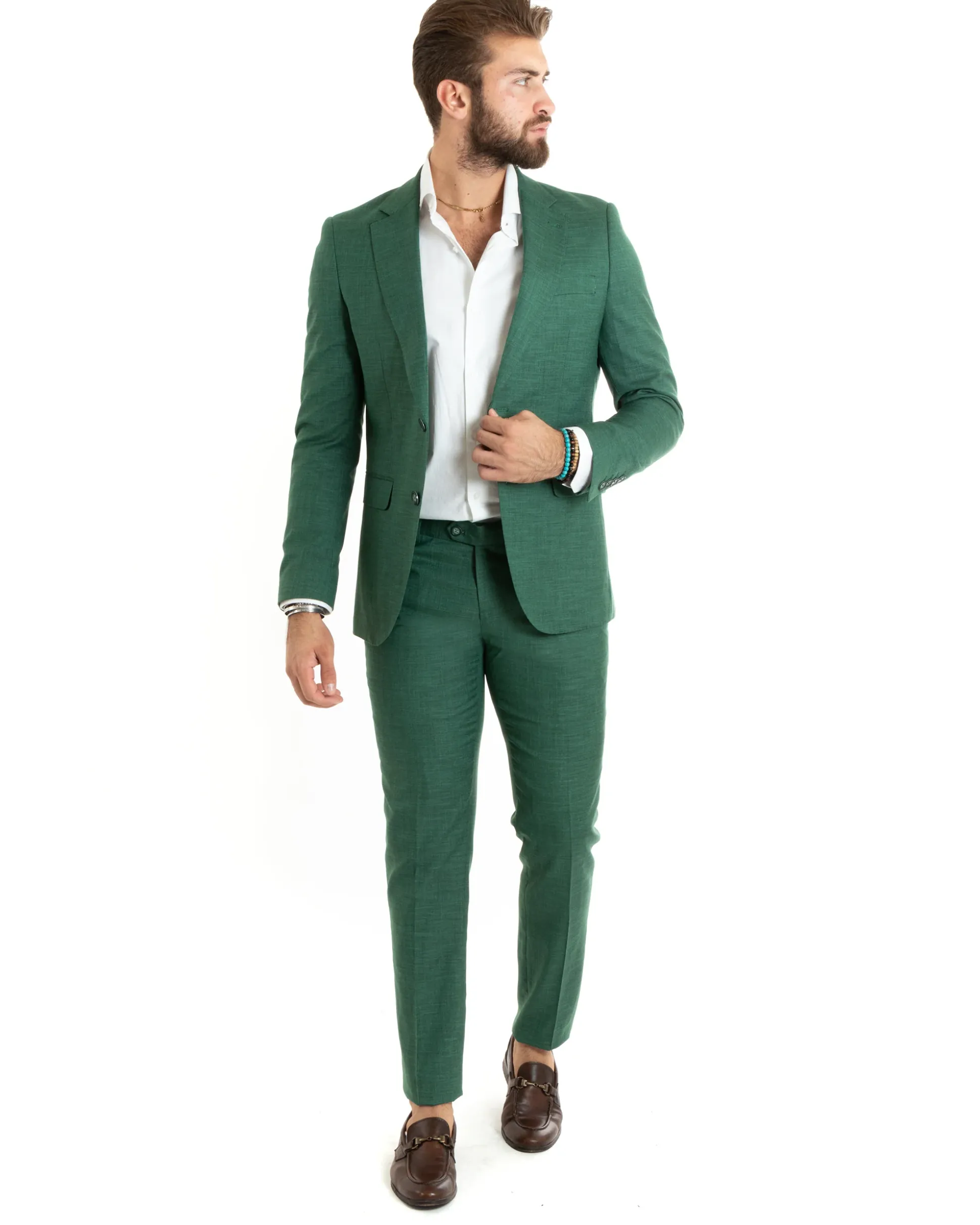 Abito uomo monopetto completo viscosa giacca pantaloni verde melangiato GIOSAL-OU2427A