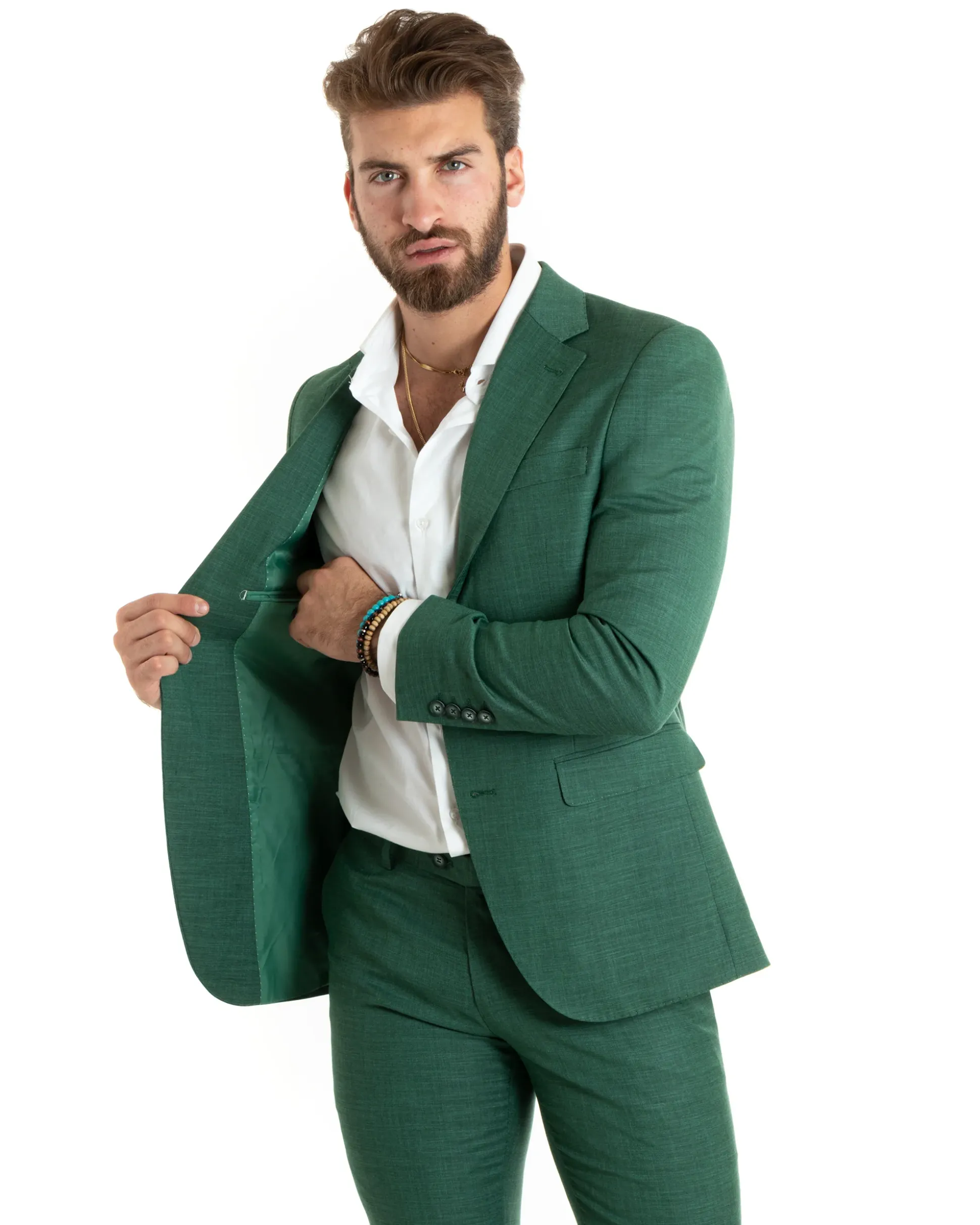 Abito uomo monopetto completo viscosa giacca pantaloni verde melangiato GIOSAL-OU2427A